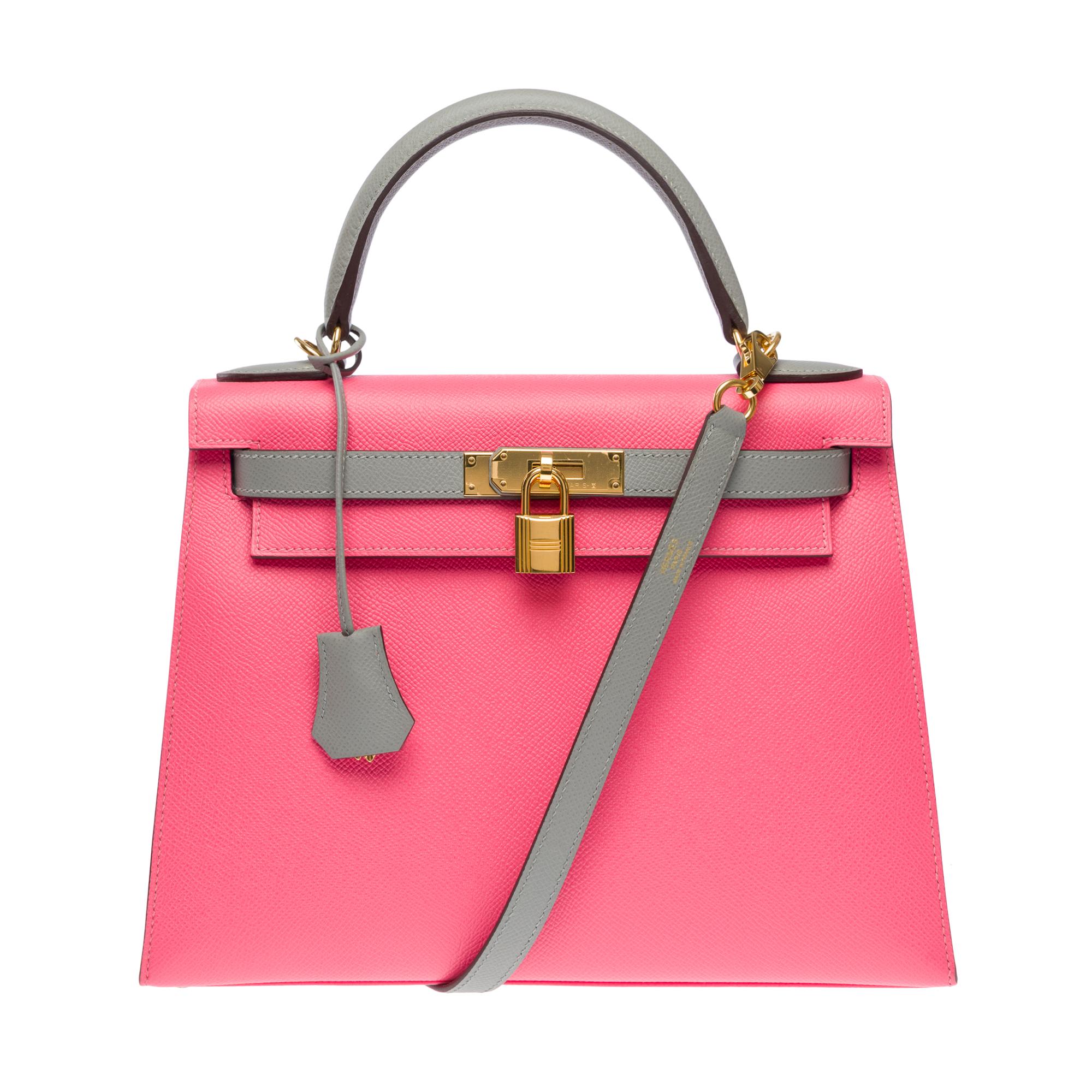 HSS Hermès Kelly 28 handbag strap in Azalee Pink & Etain Epsom leather, GHW In Excellent Condition For Sale In Paris, IDF