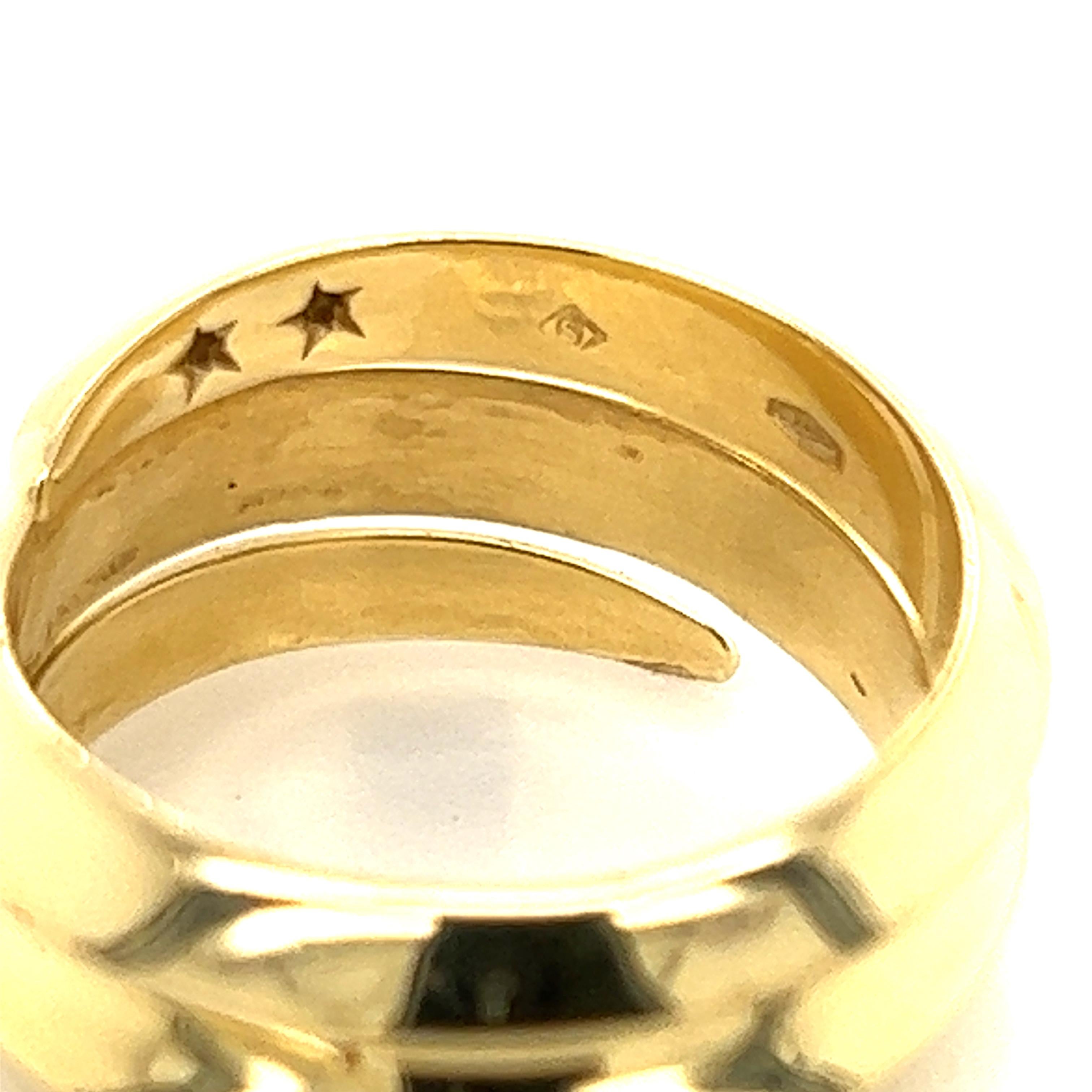 Brand:  H.Stern
Hallmark:  750 S
Material:  18k yellow gold 
Ring Size:  6
Measurement: front of band: 10mm wide x 3mm high
Weight: 9.7 grams

From designer H.Stern is this unique and elegant ring, crafted from 18k yellow gold with a high polished