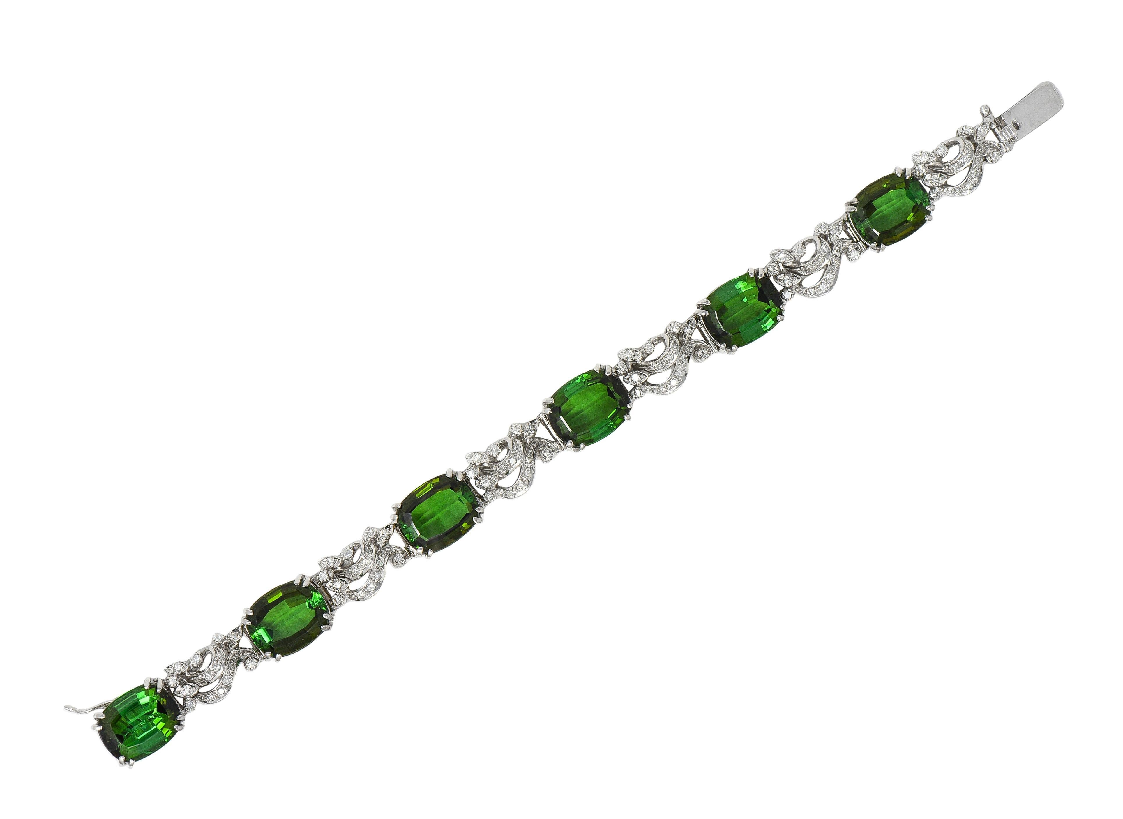 Cushion Cut H.Stern 1950's Tourmaline Diamond 18K Gold Vintage Ribbon Gemstone Link Bracelet For Sale