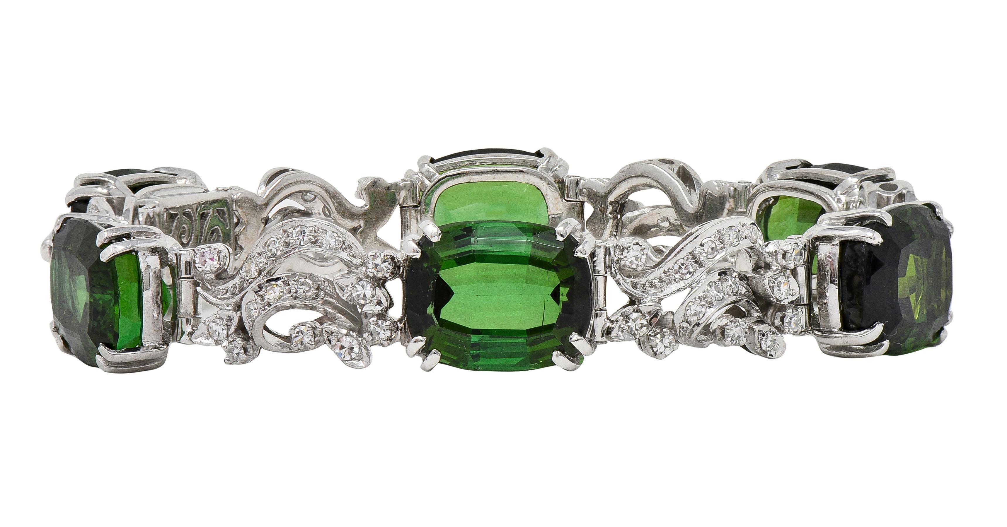 H.Stern 1950's Tourmaline Diamond 18K Gold Vintage Ribbon Gemstone Link Bracelet In Excellent Condition For Sale In Philadelphia, PA