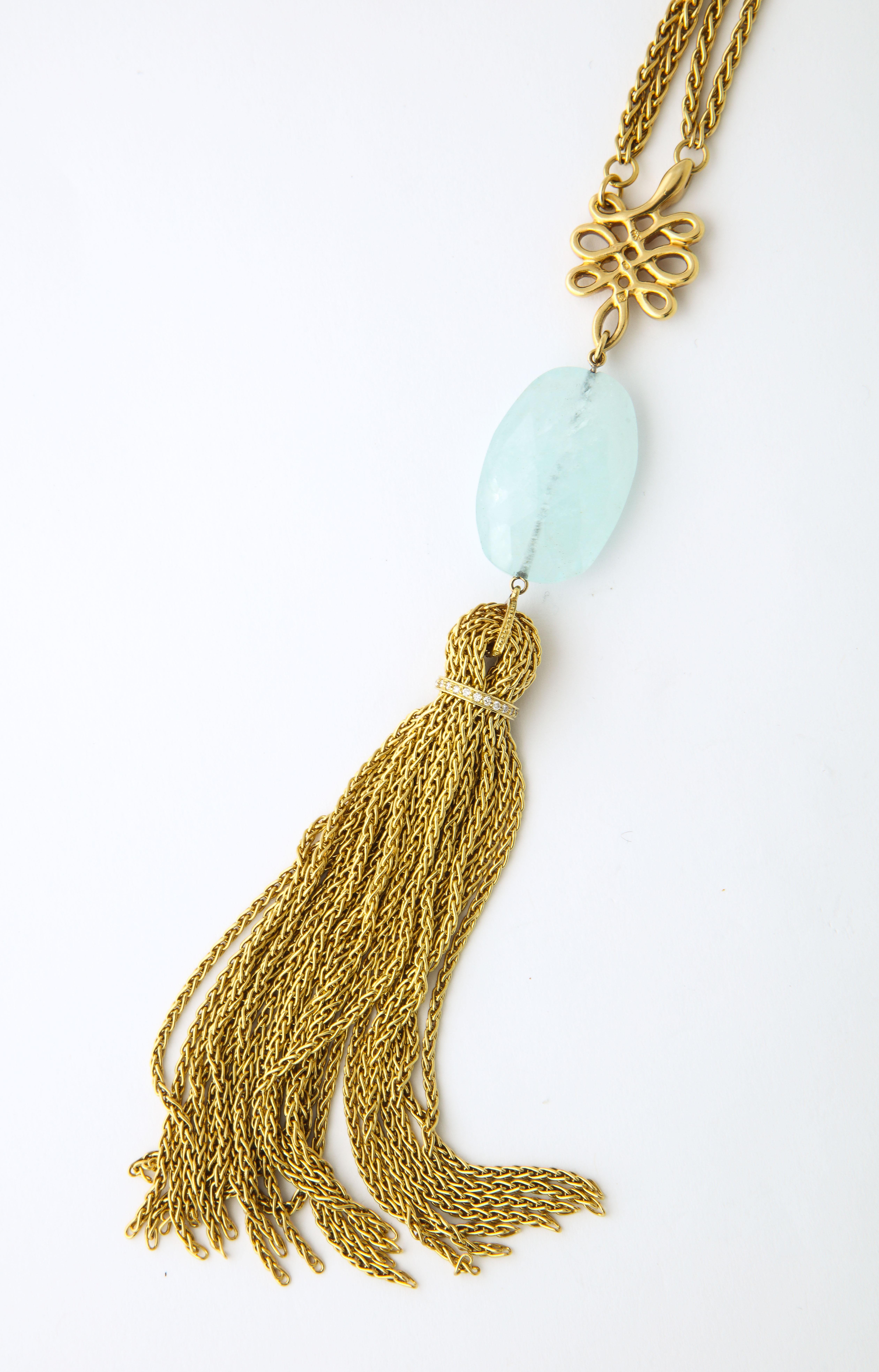 Rough Cut H.Stern 1980's Long Aquamarine with Diamonds Gold Tassel Style Necklace