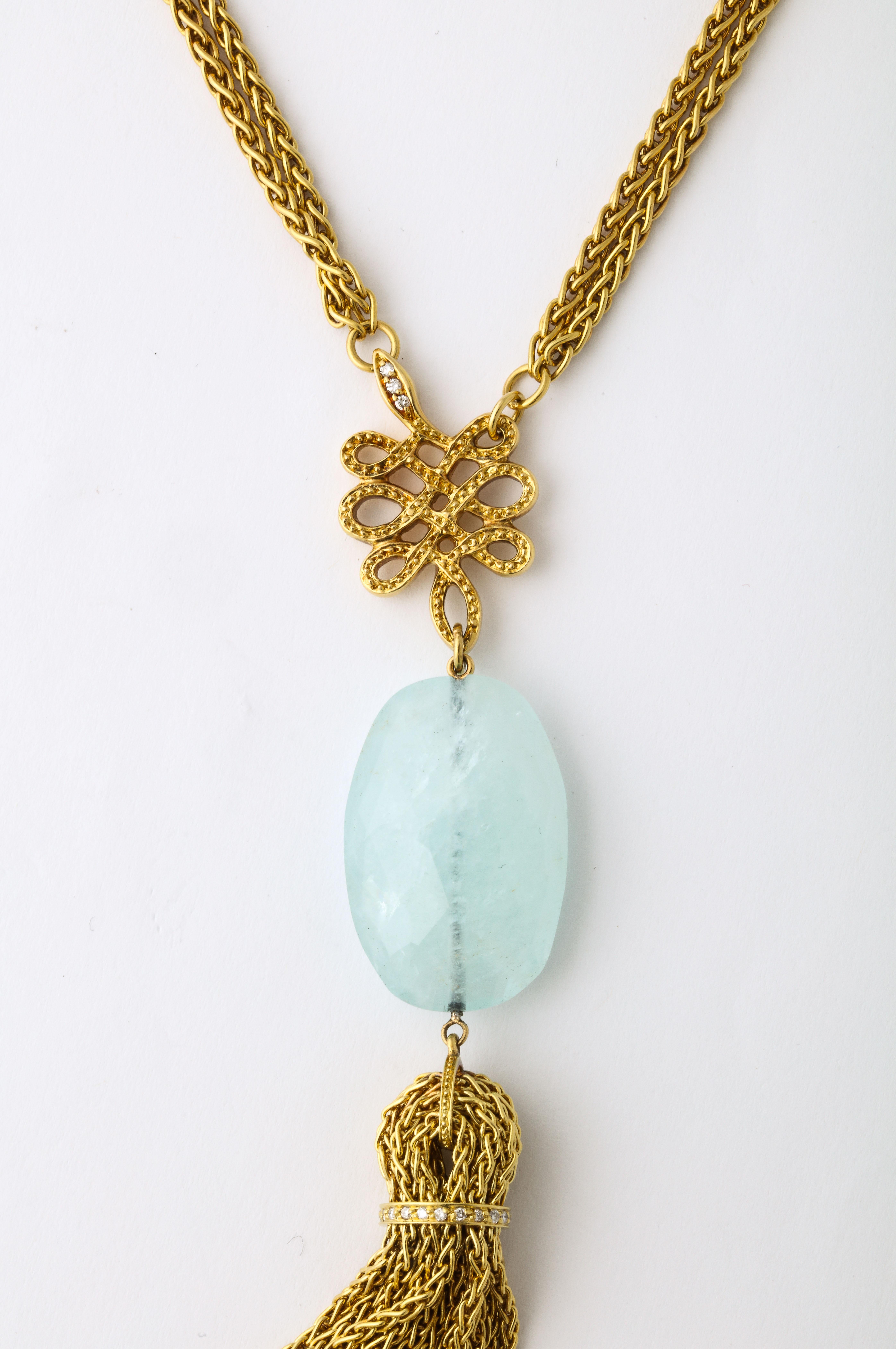 Women's H.Stern 1980's Long Aquamarine with Diamonds Gold Tassel Style Necklace