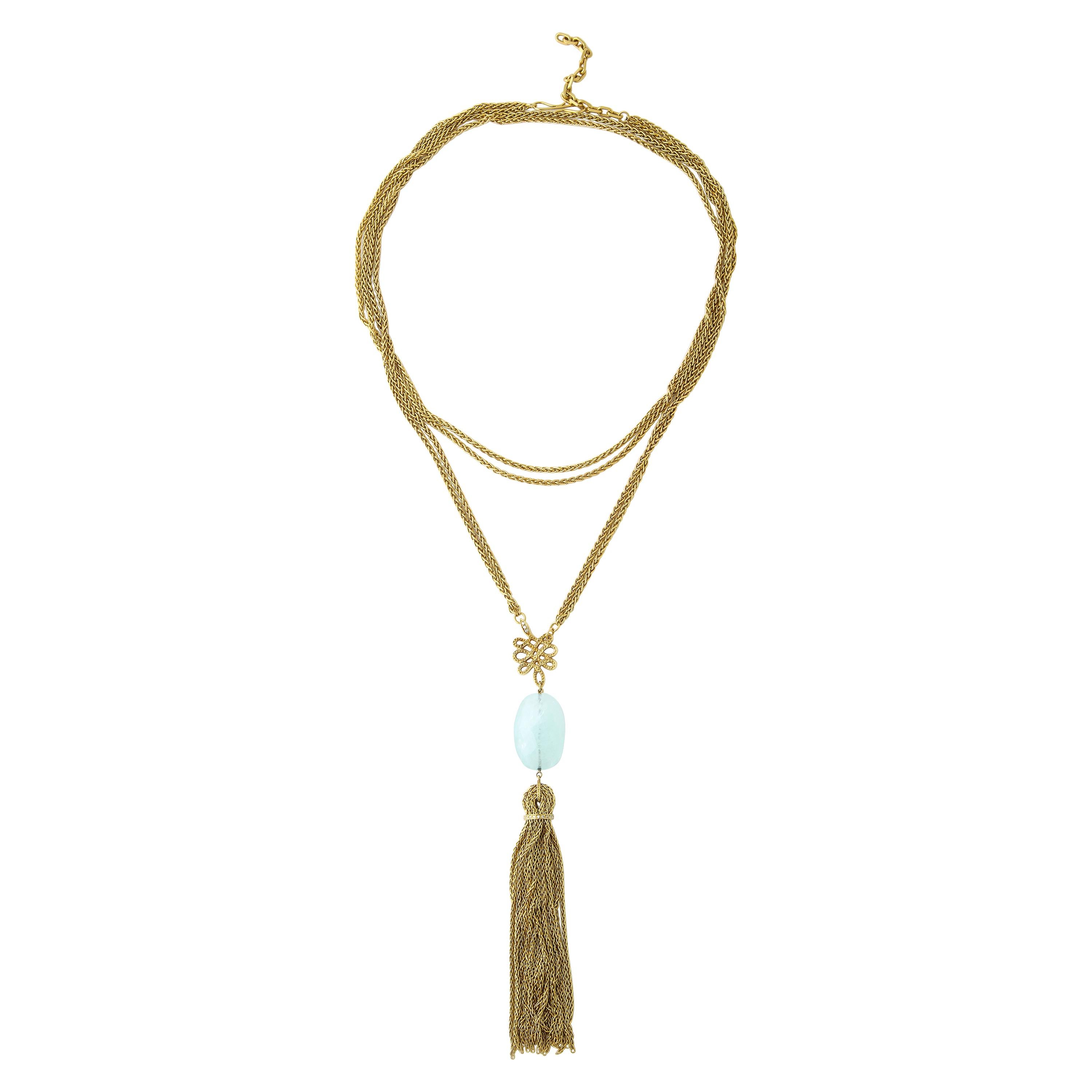 H.Stern 1980's Long Aquamarine with Diamonds Gold Tassel Style Necklace