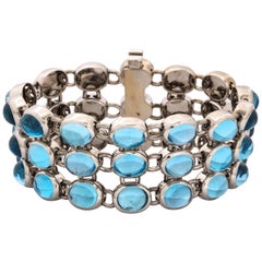 H.Stern 1990 Highly Flexible Triple-Row Cabochon Blue Topaz White Gold Bracele