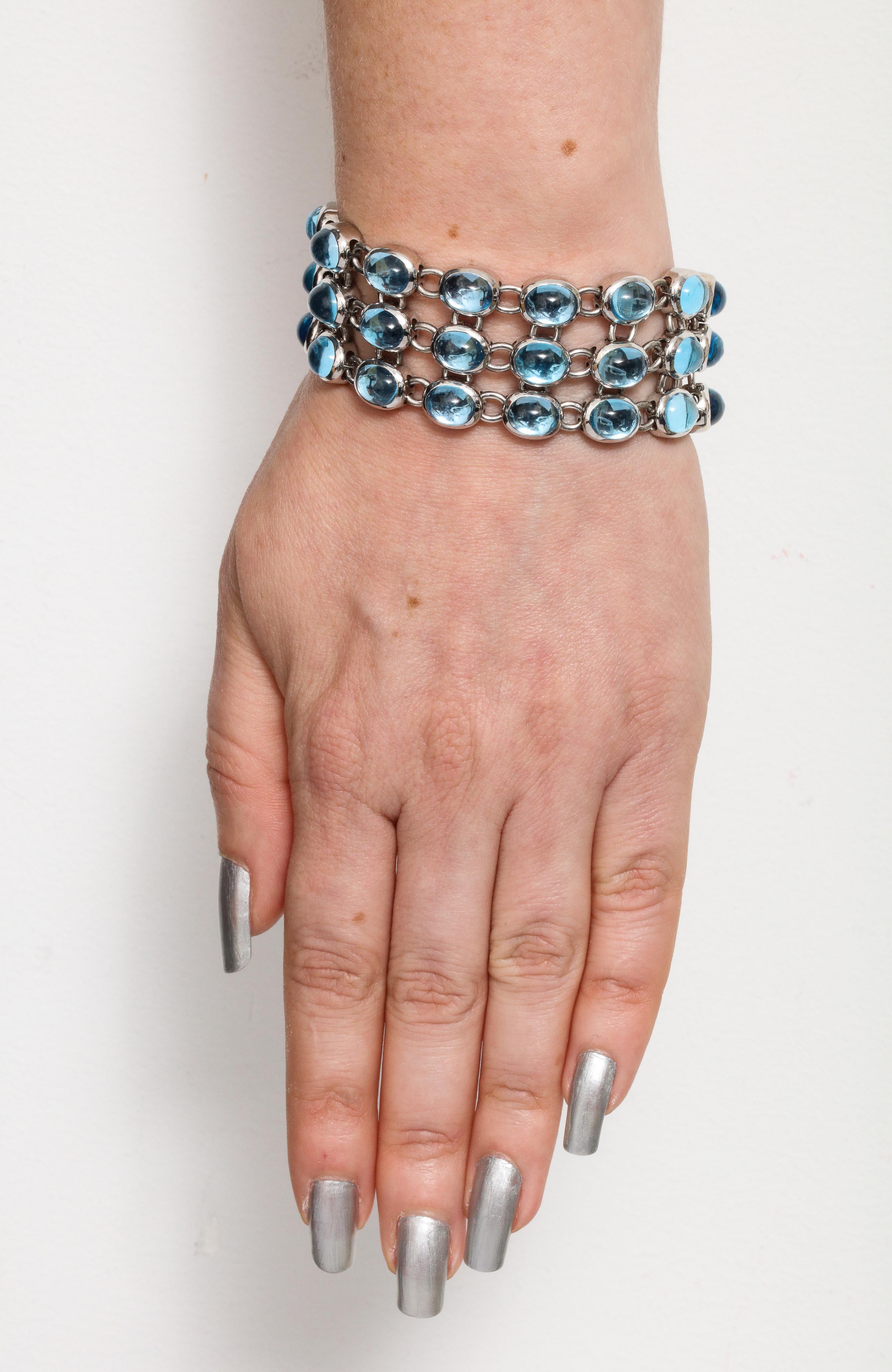 H.Stern 1990 Highly Flexible Triple-Row Cabochon Blue Topaz White Gold Bracele 7