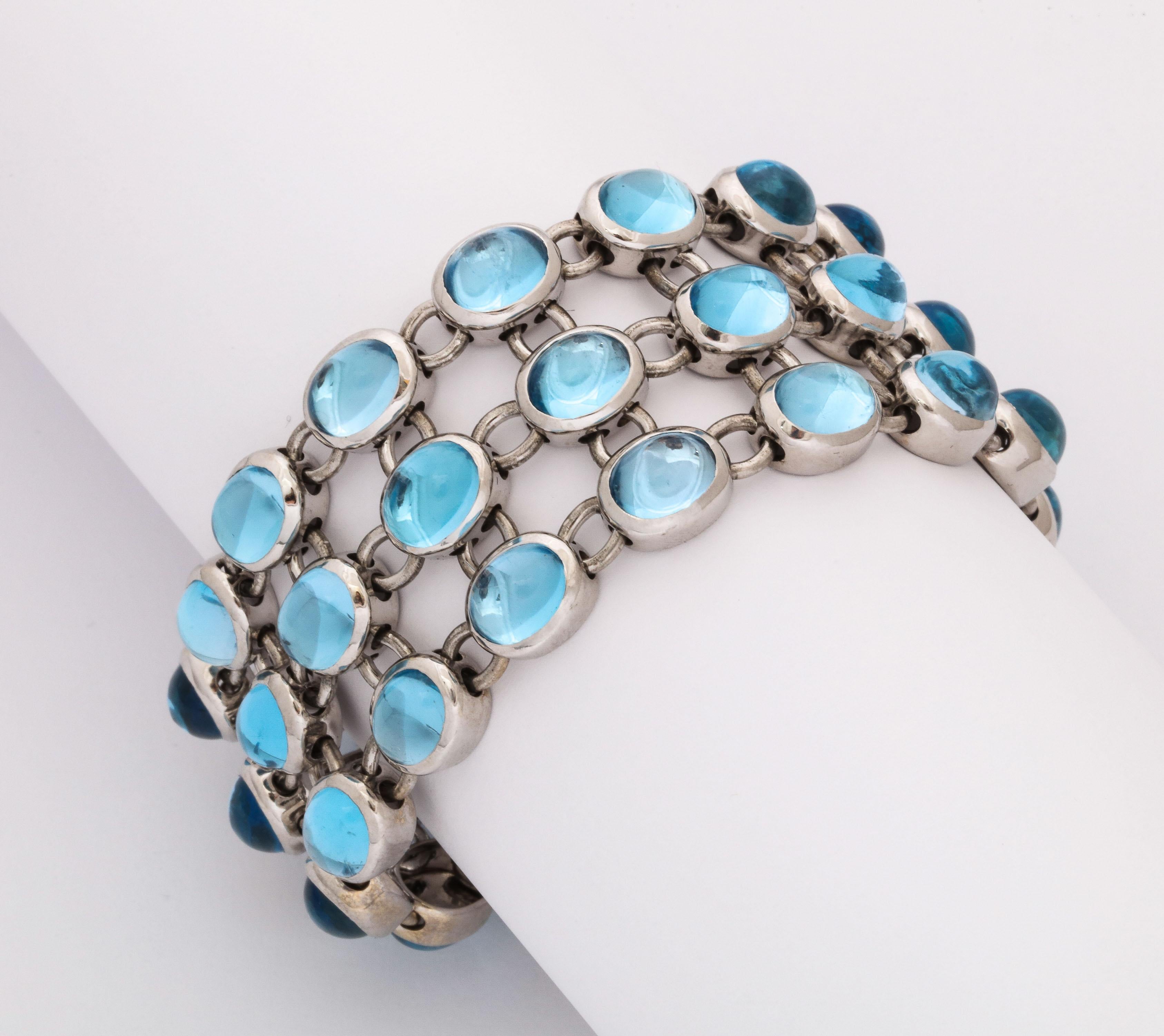 H.Stern 1990 Highly Flexible Triple-Row Cabochon Blue Topaz White Gold Bracele In Excellent Condition In New York, NY