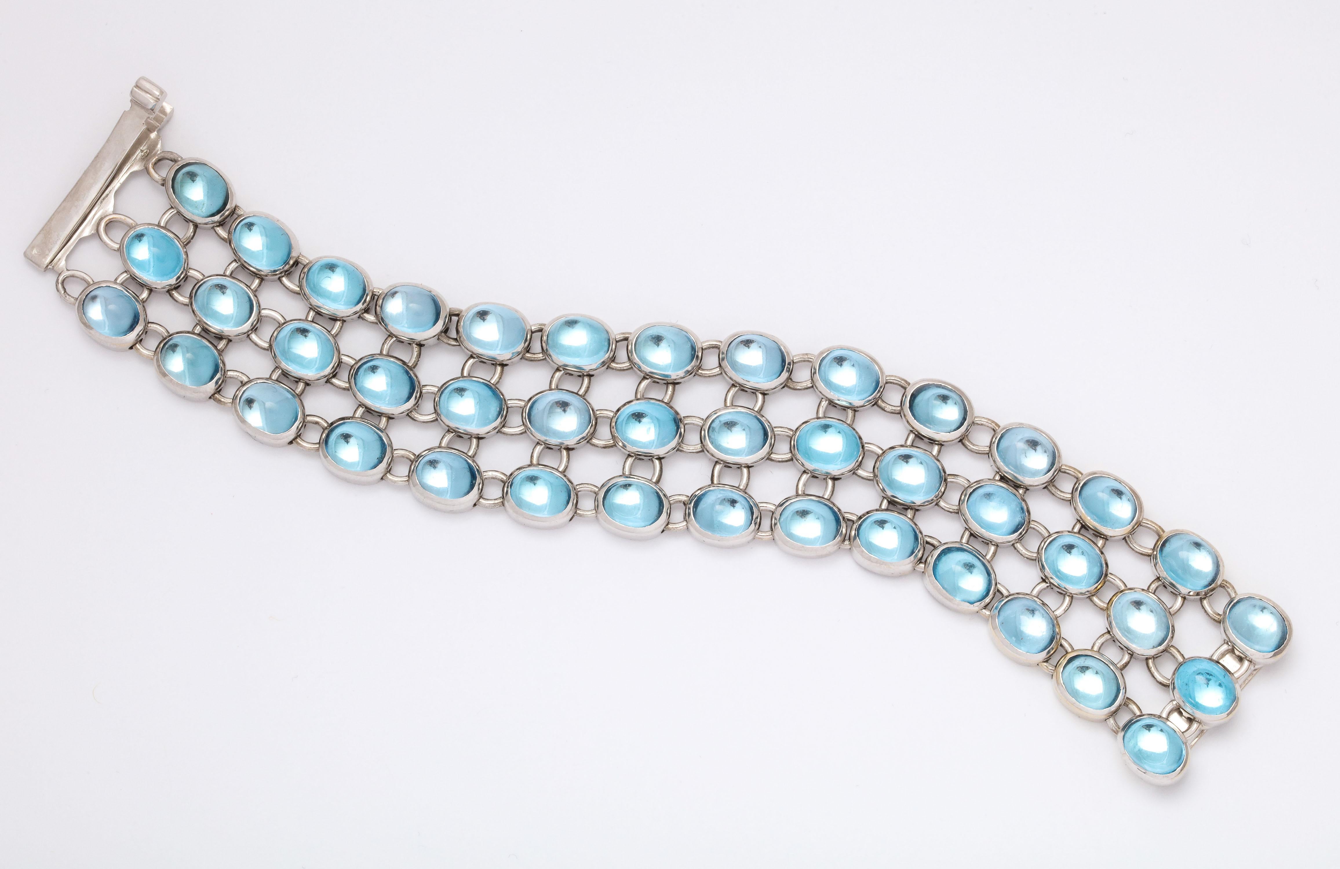 Women's H.Stern 1990 Highly Flexible Triple-Row Cabochon Blue Topaz White Gold Bracele