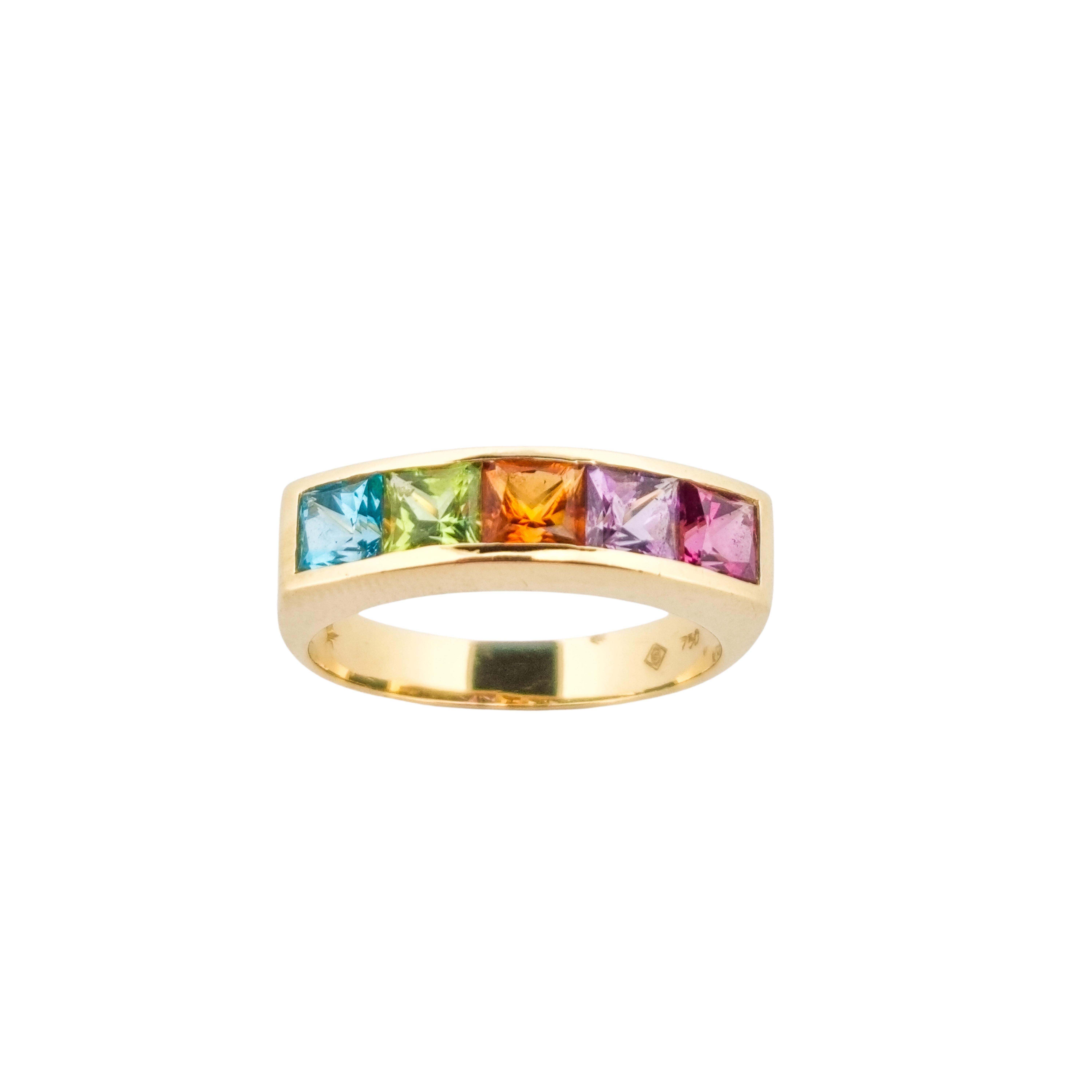 The H.Stern Rainbow Ring is a true statement piece, featuring a vibrant array of gemstones set in 18k yellow gold. With its bold and colorful design, this ring is the perfect accessory to add a touch of glamour to any outfit. Handcrafted with the