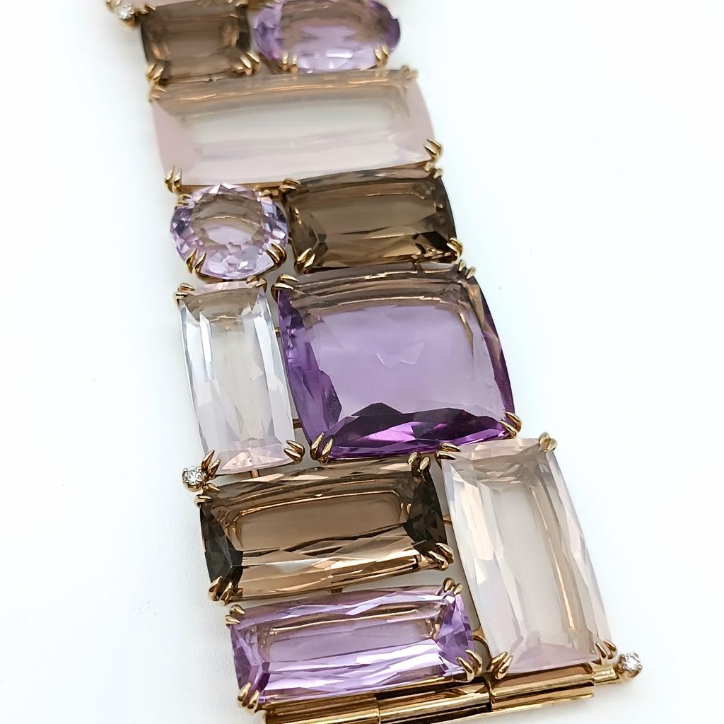Baguette Cut H.Stern bracelet noble gold with amethys , quartz and diamonds For Sale