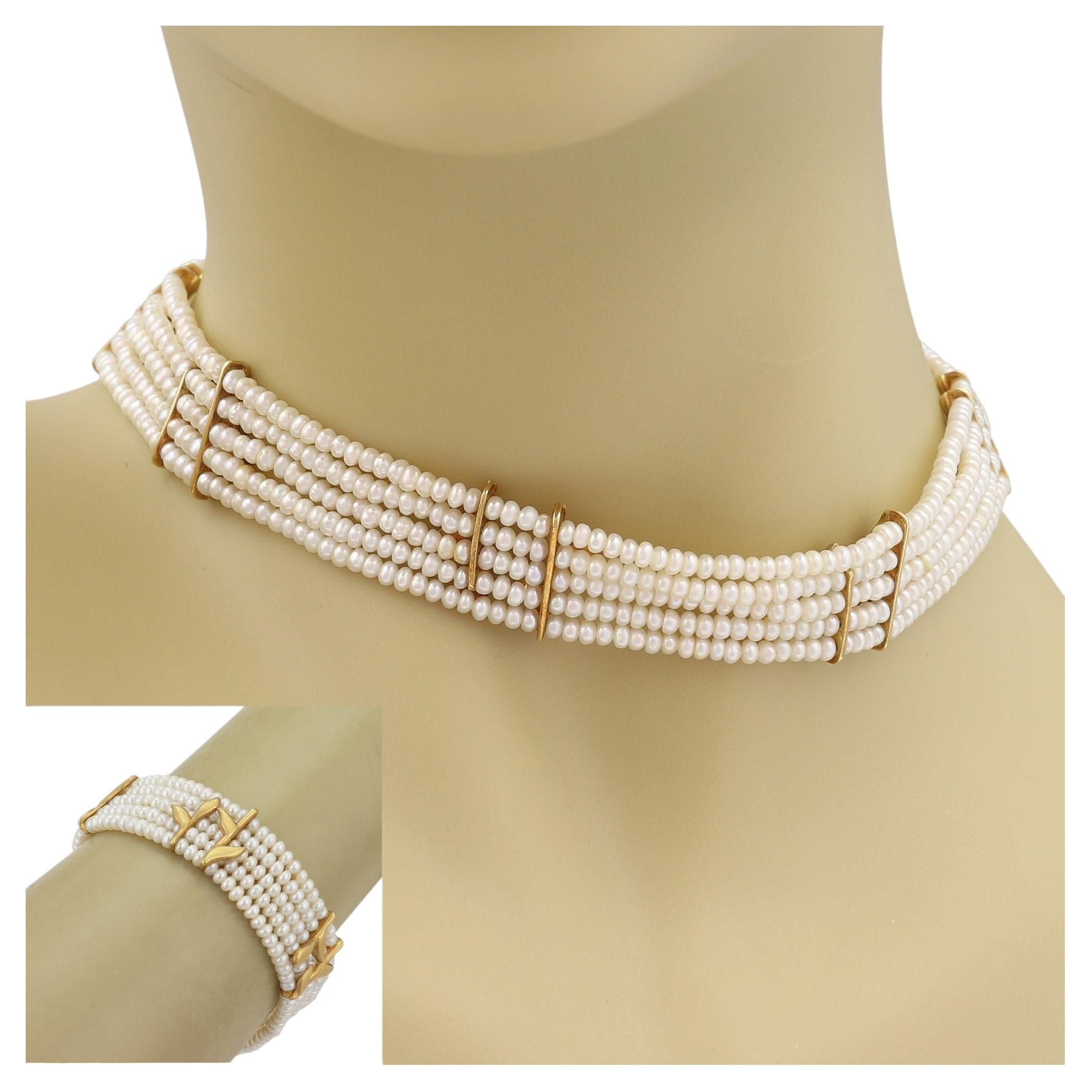 H. Stern Diamond Pearls 5 Strands 18k Gold Leaf Choker Necklace Bracelet Set