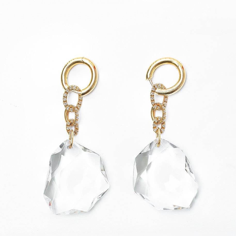 Round Cut H.Stern DVF 104.86 Carat Rock Crystal 18 Karat Gold Diamond Pendant Earrings For Sale