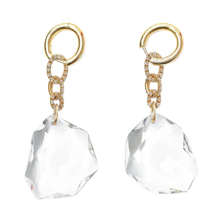H.Stern DVF 104.86 Carat Rock Crystal 18 Karat Gold Diamond Pendant Earrings For Sale