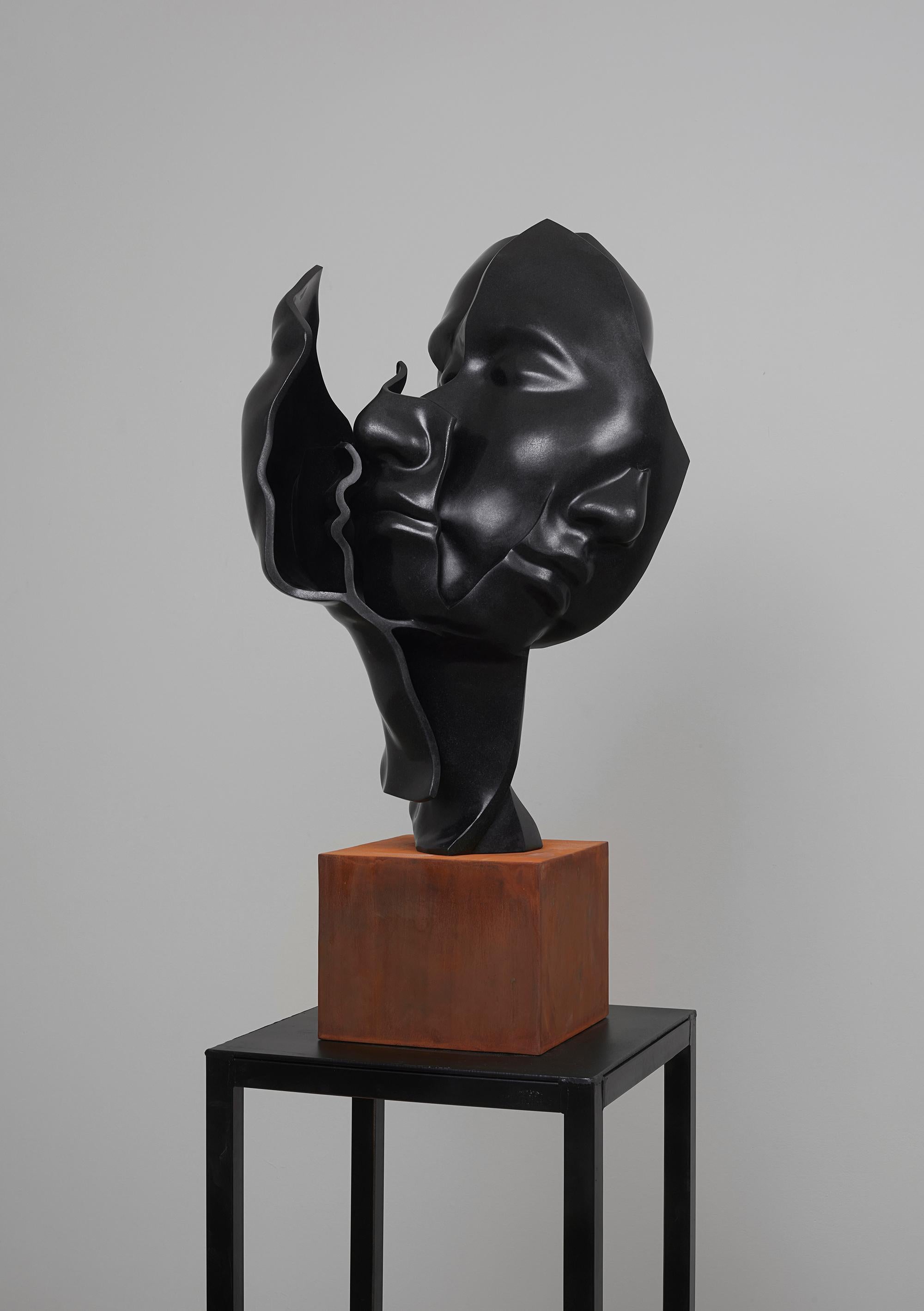 Hsu Yun Chin Abstract Sculpture - Black Granite and Iron "Faces No2", 2020