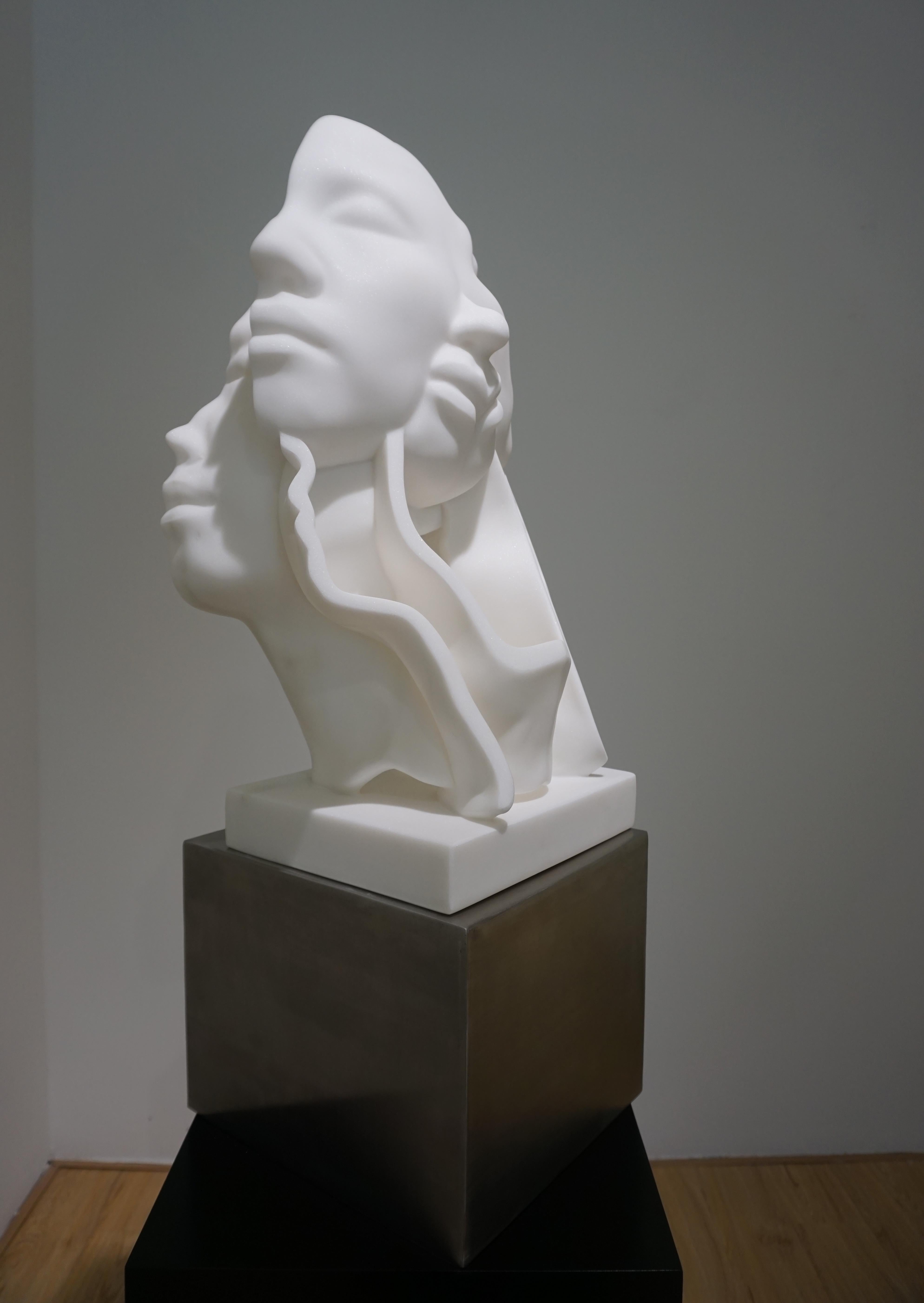 Hsu Yun Chin Abstract Sculpture - White Marble＆Stainless base Sculpture "Faces No1", 2019