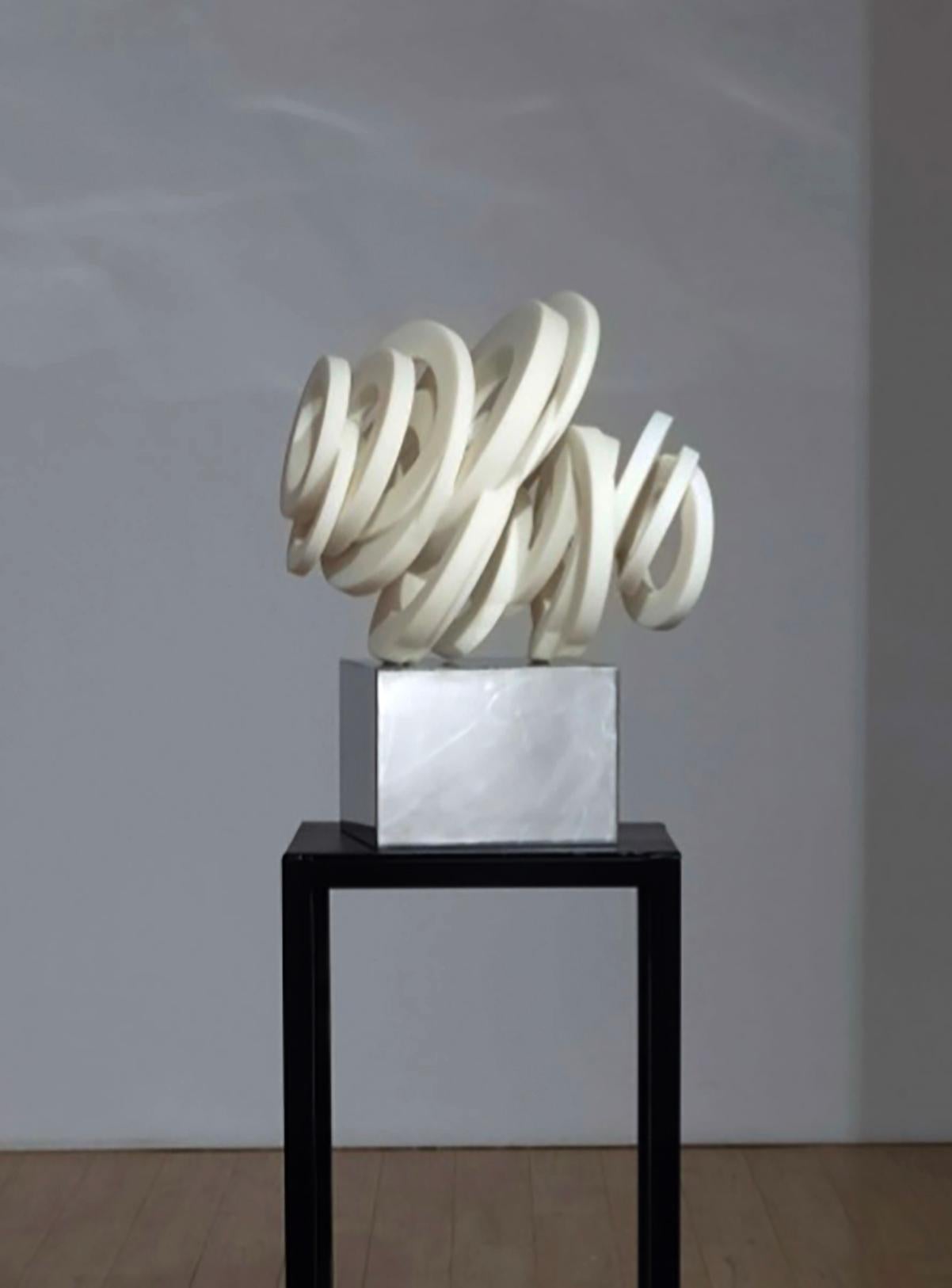 Hsu Yun Chin Abstract Sculpture - White Marble＆Stainless Sculpture "Chaos Theory-Conpression", 2020 