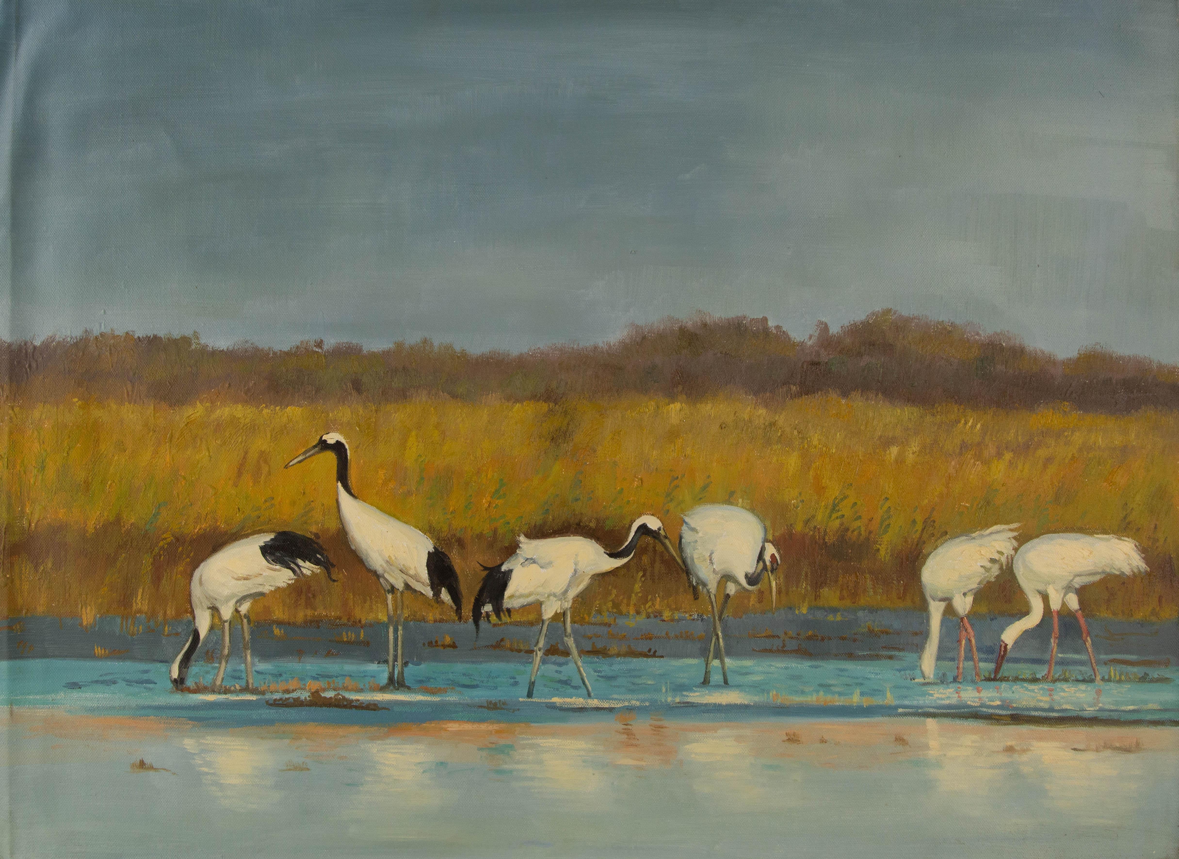 Hua Lian Animal Original Oil Painting "Red-crowned Cranes"