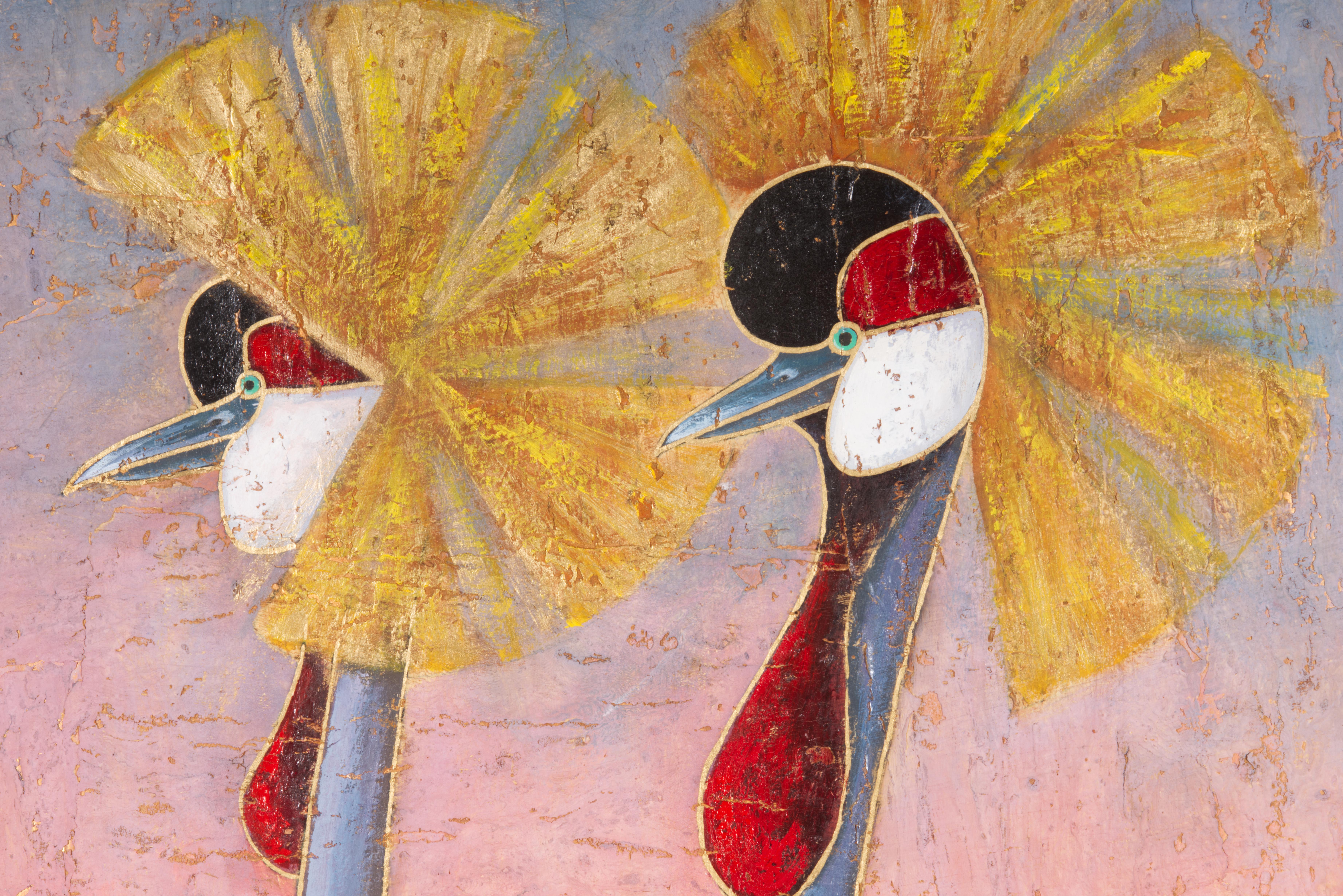 Vintage original mixed media artwork depicts a pair of exotic birds with colorful plumage and feathers; the vibrant abstract background suggests sunrize on the beach. The graphic, elongated necks of the birds add a strong vertical element to the
