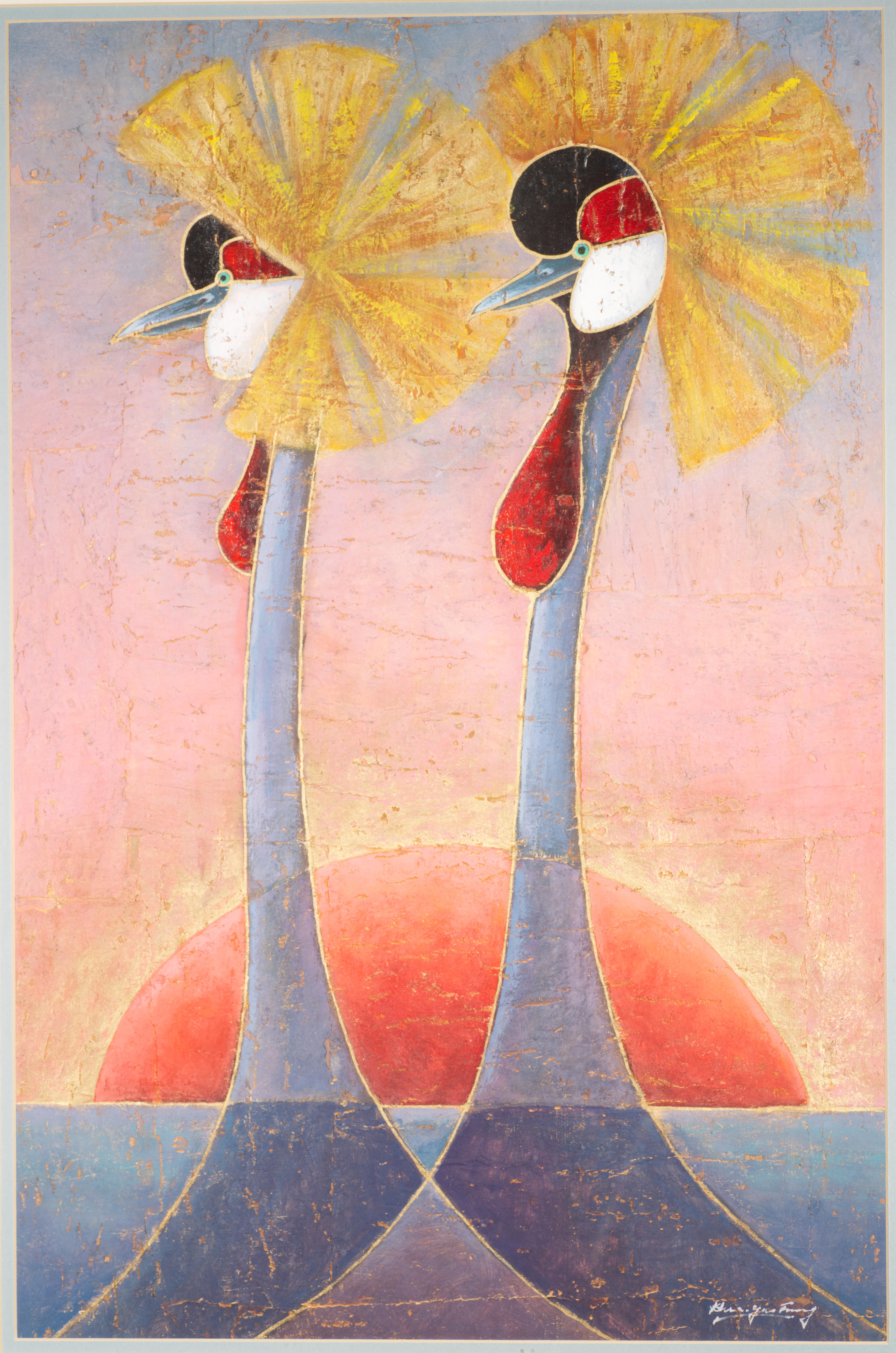 Mid-Century Modern Hua-Yao Tung Exotic Birds, Framed Mixed Media Art, 1980s For Sale
