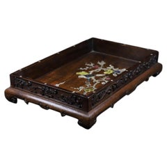 Huali Wood Tray with Mother-of-Pearl Inlay “Magpies on Plum Blossom”