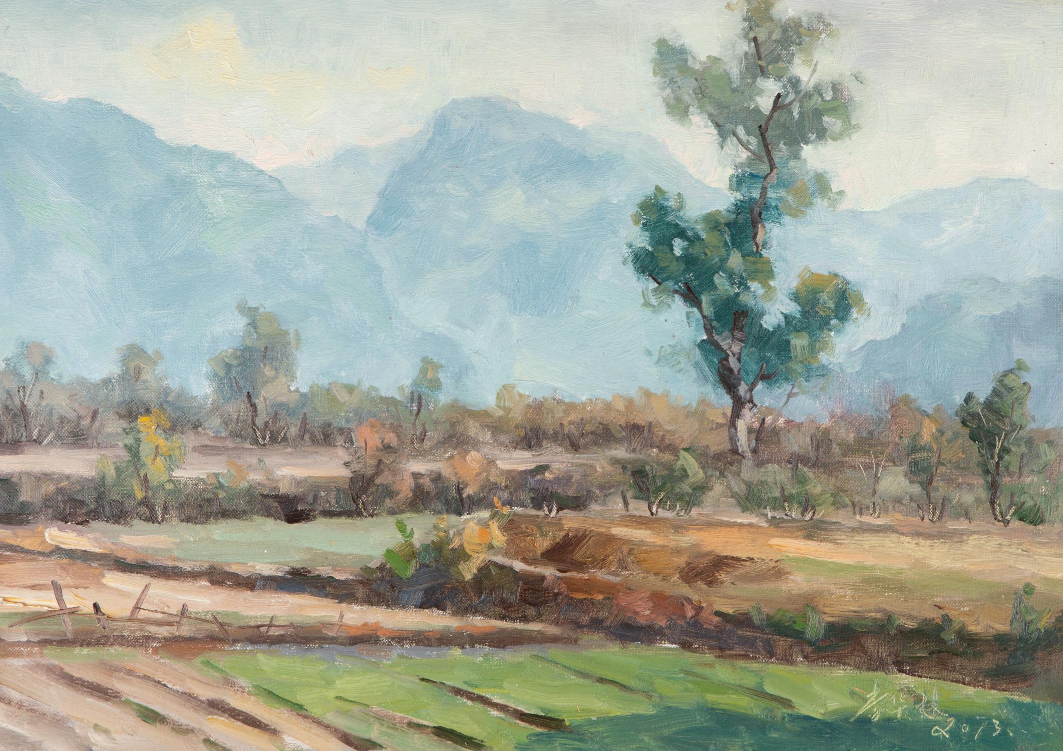 Título: Tierras de cultivo
 Técnica: Óleo sobre lienzo
 Tamaño: 19,5 x 27,5 pulgadas
 Marco: Opciones de enmarcado disponibles
 Estado de conservación: El cuadro parece estar en excelentes condiciones.
 Nota: Este cuadro no está estirado
 Año: 2013

