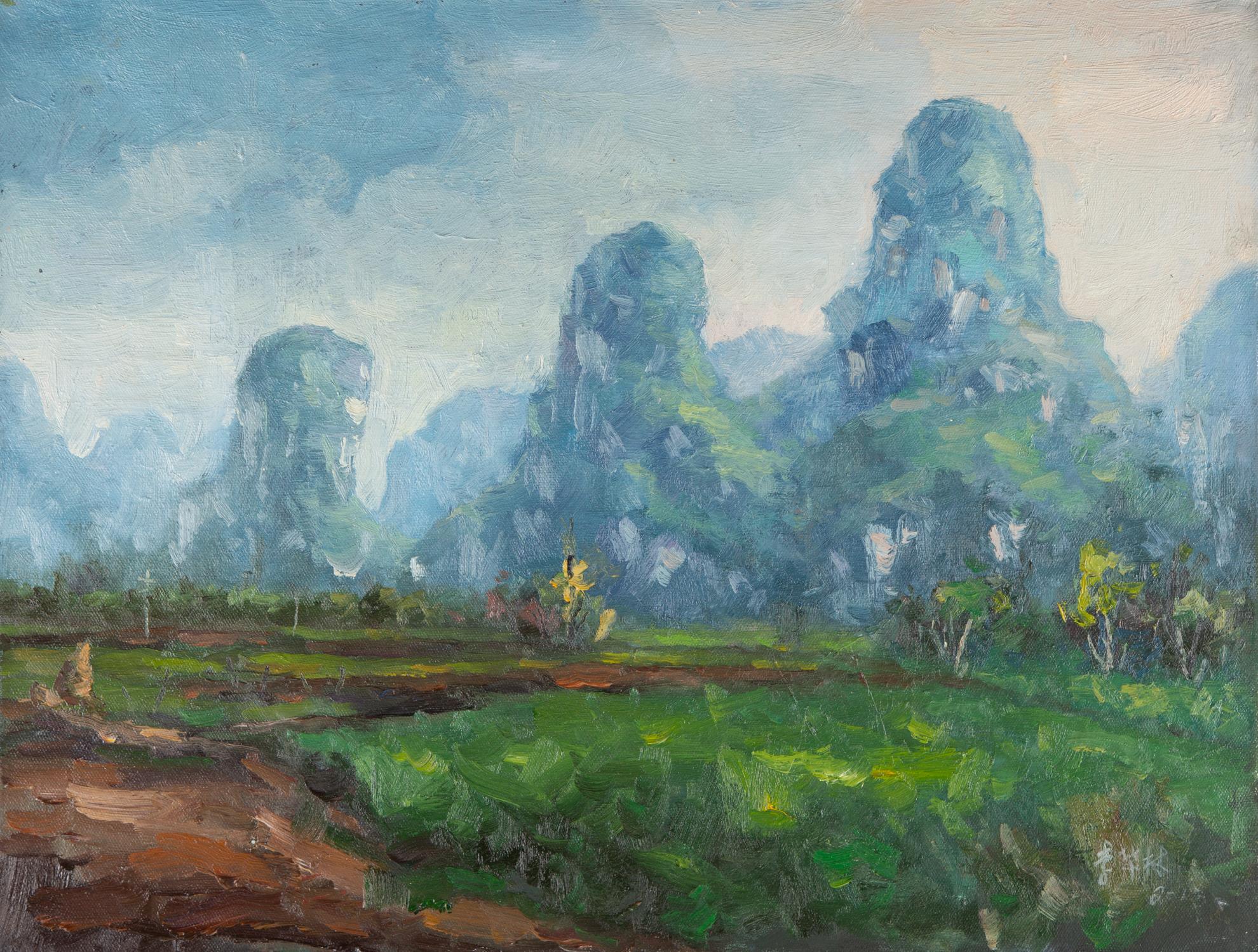 Title: Guilin Landscape 1
 Medium: Oil on canvas
 Size: 19.5 x 25.5 inches
 Frame: Framing options available!
 Condition: The painting appears to be in excellent condition.
 Note: This painting is unstretched
 Artist: Hualin Li
 Signature: Signed
