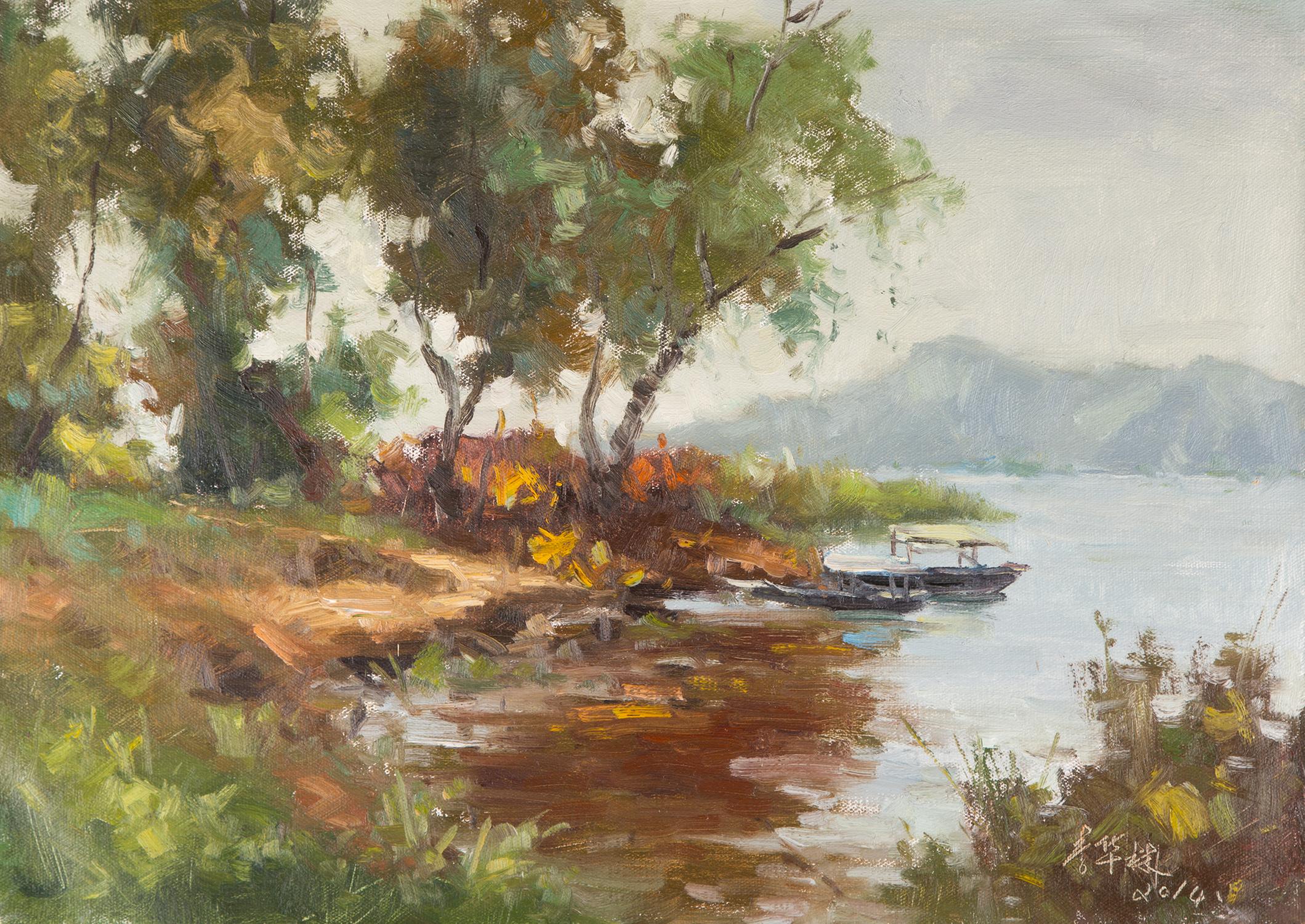 Titolo: Girare per il lago 2 
 Medium: Olio su tela
 Dimensioni: 19,5 x 27,25 pollici
 Cornice: Possibilità di incorniciatura!
 Condizioni: Il dipinto appare in ottime condizioni.
 Nota: questo quadro non è teso
 Artista: Hualin Li
 Firma: Firmato
