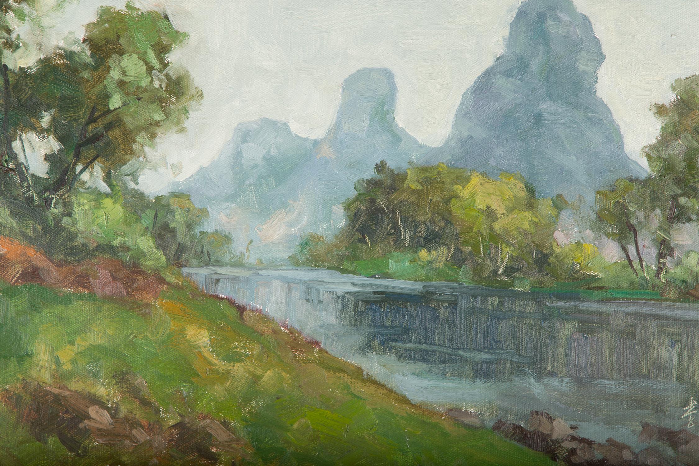 Hualin Li Impressionistisches Original Ölgemälde auf Leinwand „Guilin View 2“ im Angebot 3