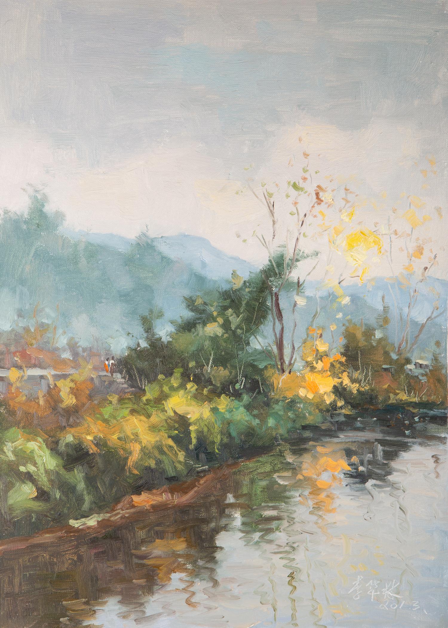  Título: Junto al río
 Técnica: Óleo sobre lienzo
 Tamaño: 19,5 x 27,5 pulgadas
 Marco: Opciones de enmarcado disponibles
 Edad: años 2000
 Estado de conservación: La pintura parece estar en excelentes condiciones.
 Nota: Este cuadro no está