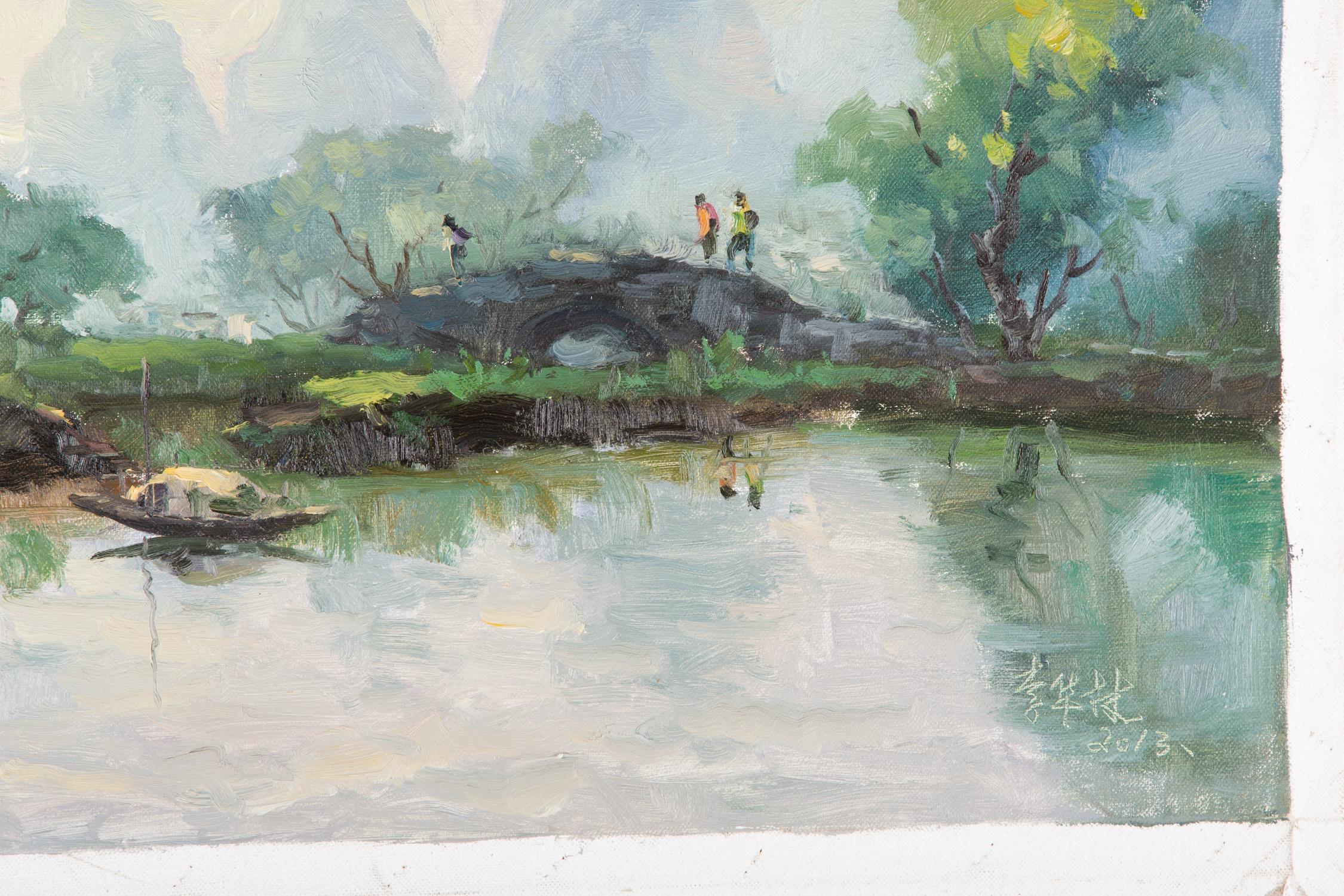  Title: Bridge Over The Lake
 Medium: Oil on canvas
 Size: 27.5 x 19.5inches
 Frame: Framing options available!
 Age: 2000s
 Condition: Painting appears to be in excellent condition.
 Note: This painting is unstretched
 Artist: Hualin Li
