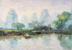 Peinture à l'huile originale impressionniste Hualin Li « Bridge Over The Lake » (Bridge Over The Lake)