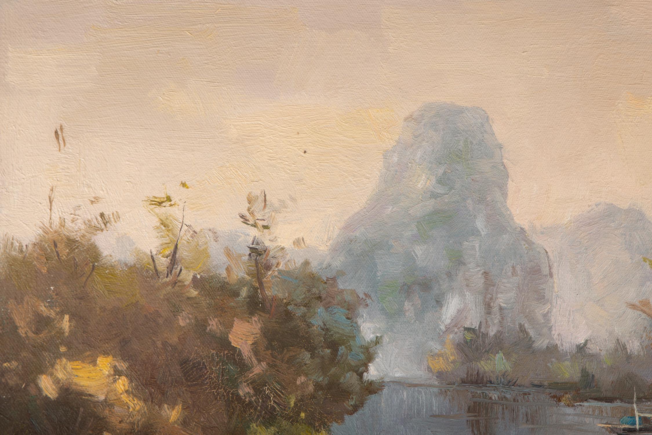  Title: Guilin Landscape 2
 Medium: Oil on canvas
 Size: 25.5 x 19.5inches
 Frame: Framing options available!
 Age: 2000s
 Condition: Painting appears to be in excellent condition.
 Note: This painting is unstretched
 Artist: Hualin Li
 Provenance: