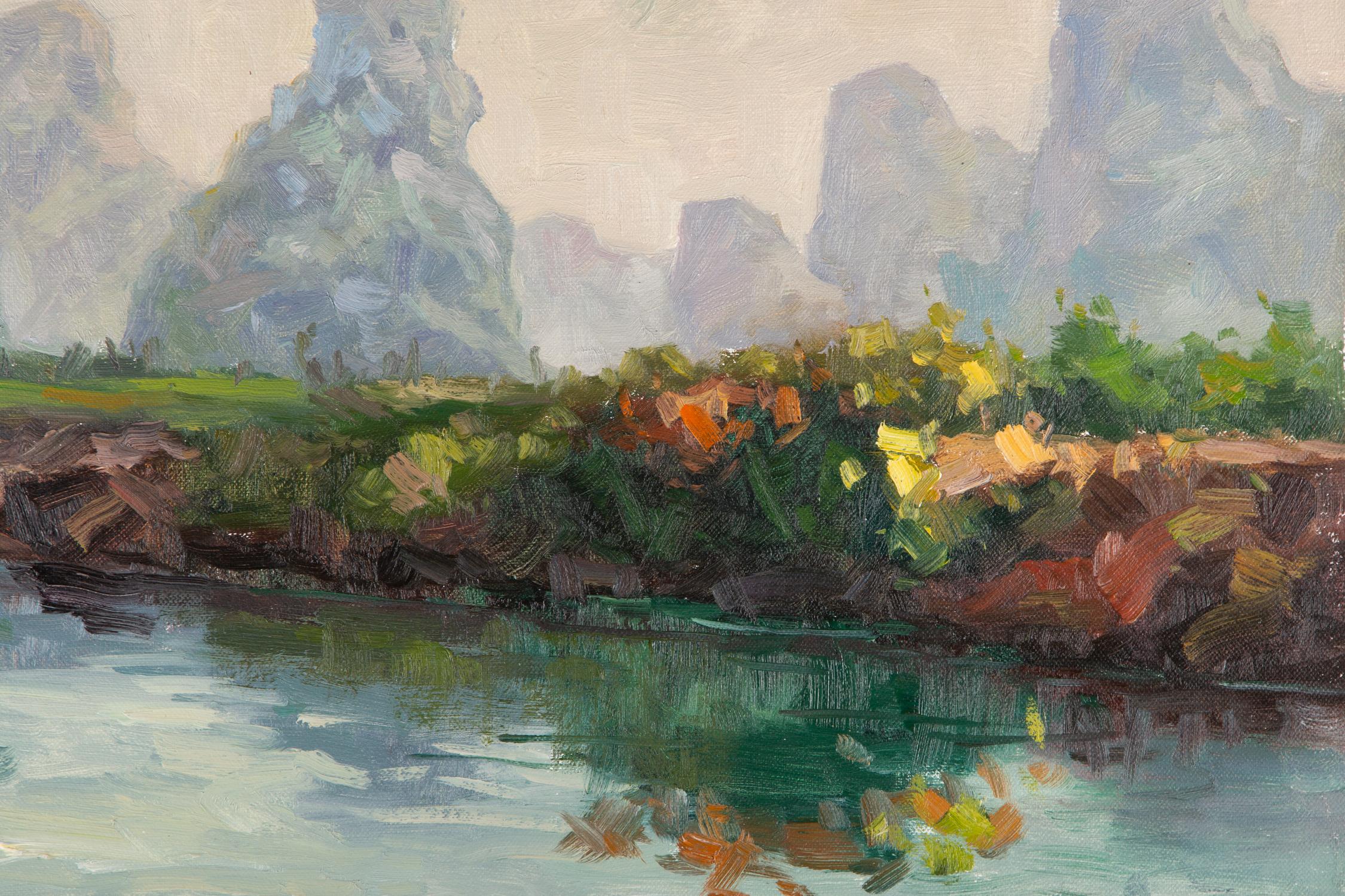  Title: Guilin Scenery 2
 Medium: Oil on canvas
 Size: 27.5 x 19.5inches
 Frame: Framing options available!
 Age: 2000s
 Condition: Painting appears to be in excellent condition.
 Note: This painting is unstretched
 Artist: Hualin Li
 Provenance: