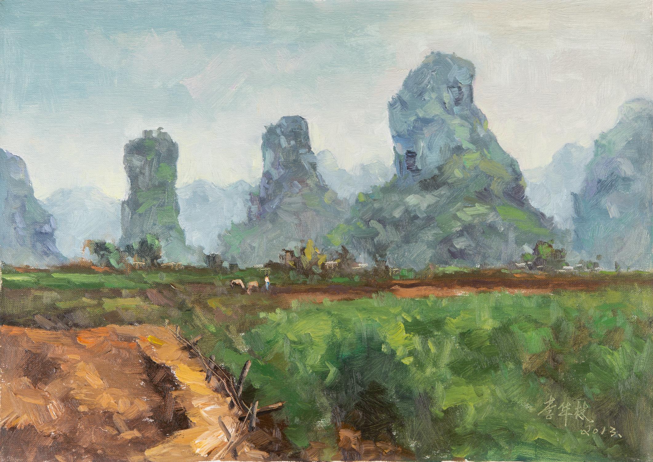  Title: Guilin View 3
 Medium: Oil on canvas
 Size: 27.5 x 19.5inches
 Frame: Framing options available!
 Age: 2000s
 Condition: Painting appears to be in excellent condition.
 Note: This painting is unstretched
 Artist: Hualin Li
 Provenance: