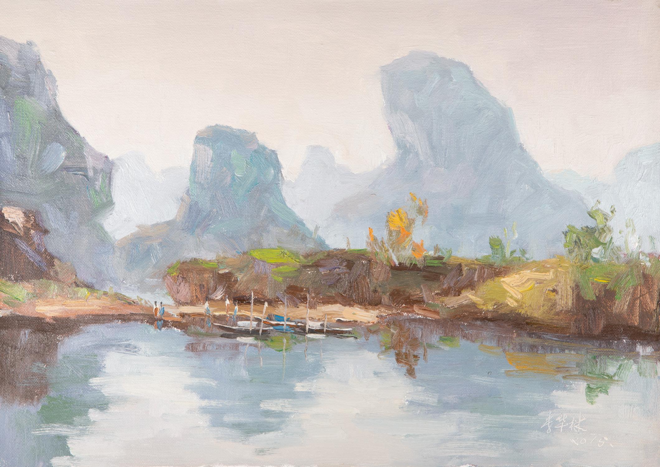  Title: Lakeside Hiking
 Medium: Oil on canvas
 Size: 27.5 x 19.5 inches
 Frame: Framing options available!
 Age: 2000s
 Condition: Painting appears to be in excellent condition.
 Note: This painting is unstretched
 Artist: Hualin Li
 Provenance: