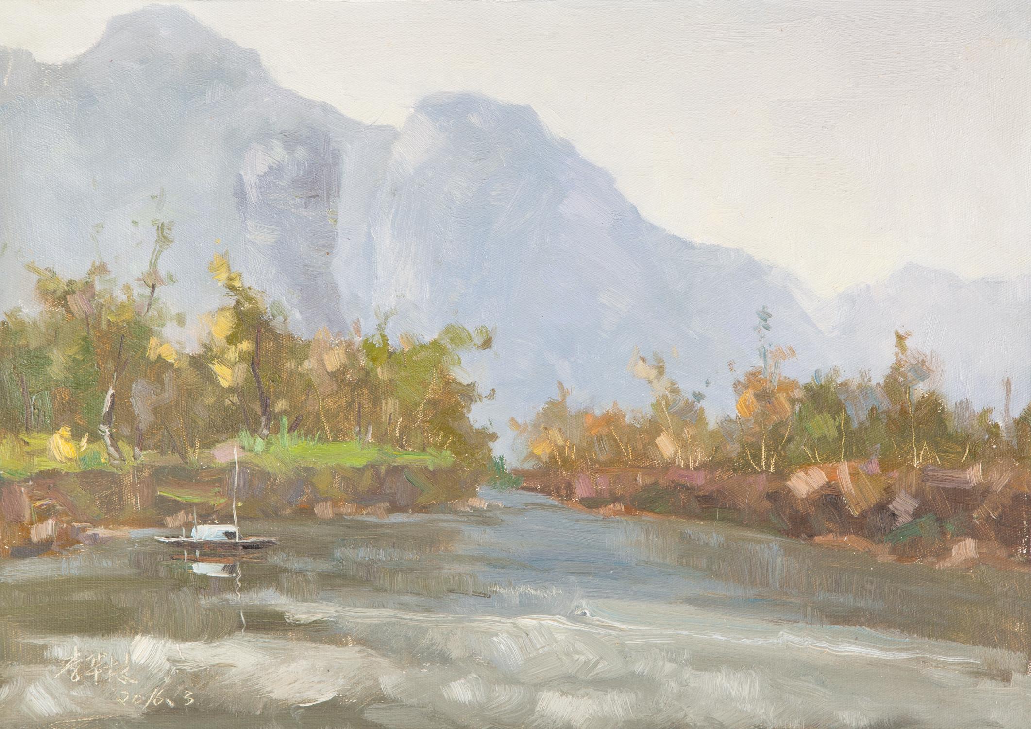  Title: Running River By The Mountain
 Medium: Oil on canvas
 Size: 27.25 x 19.5inches
 Frame: Framing options available!
 Age: 2000s
 Condition: Painting appears to be in excellent condition.
 Note: This painting is unstretched
 Artist: Hualin Li
