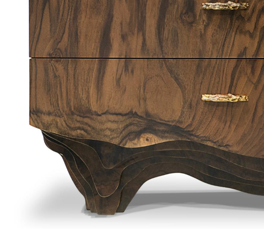 Portuguese Huang Bedside Table with Walnut Root Veneer and Brushed Brass Detail by Brabbu For Sale