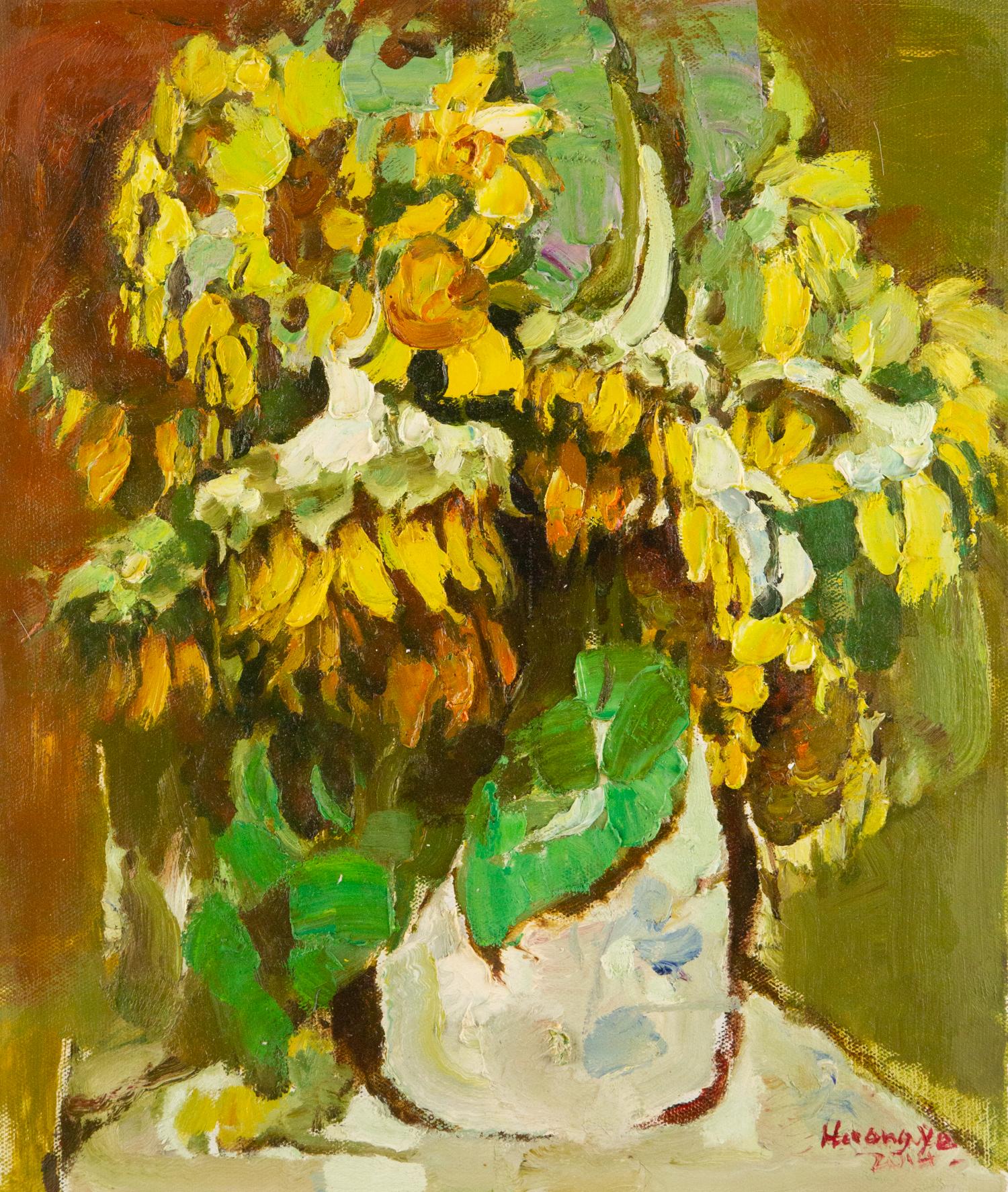  Title: Sunflowers
 Medium: Oil on canvas
 Size: 21 x 17.5 inches
 Frame: Framing options available!
 Condition: The painting appears to be in excellent condition.
 Note: This painting is unstretched
 Year: 2000 Circa
 Artist: Huang Ye
 Signature: