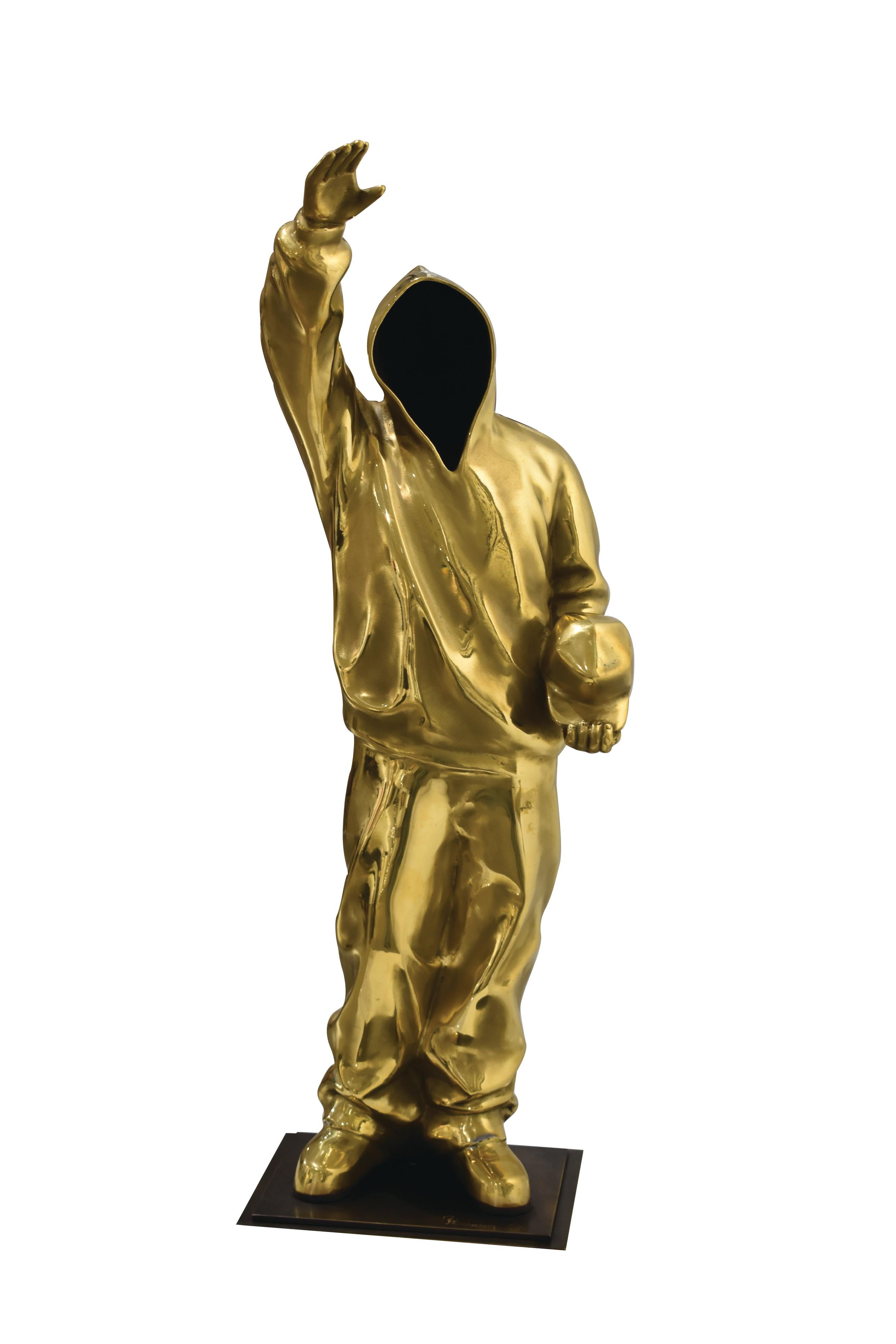 Golden Bronze Made Figure Sculpture In Hip-hop Pop Hoodie Style. Limited Edition