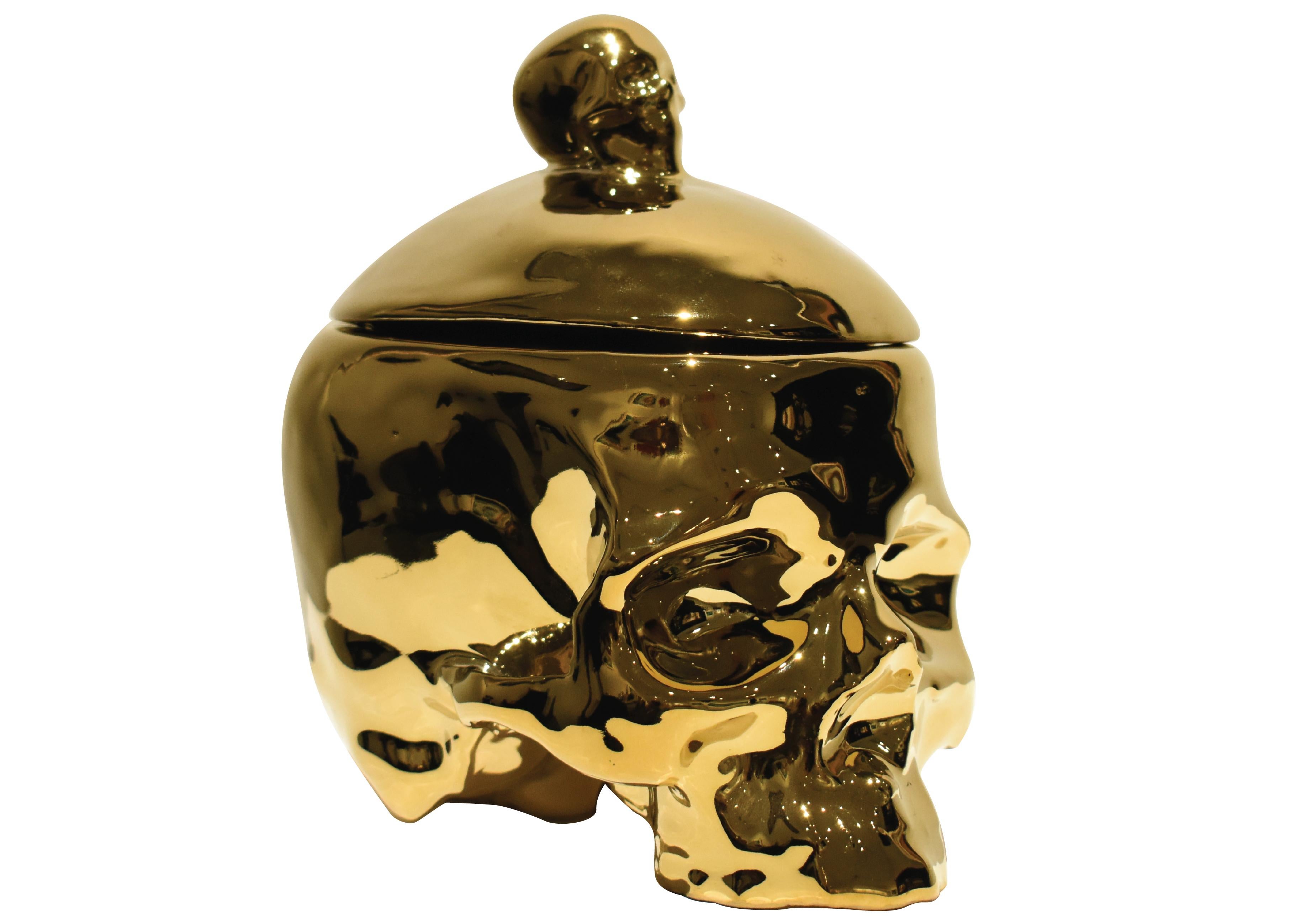 Porcelain Sculpture With Skull Shape In Gold Color, Removable Cover