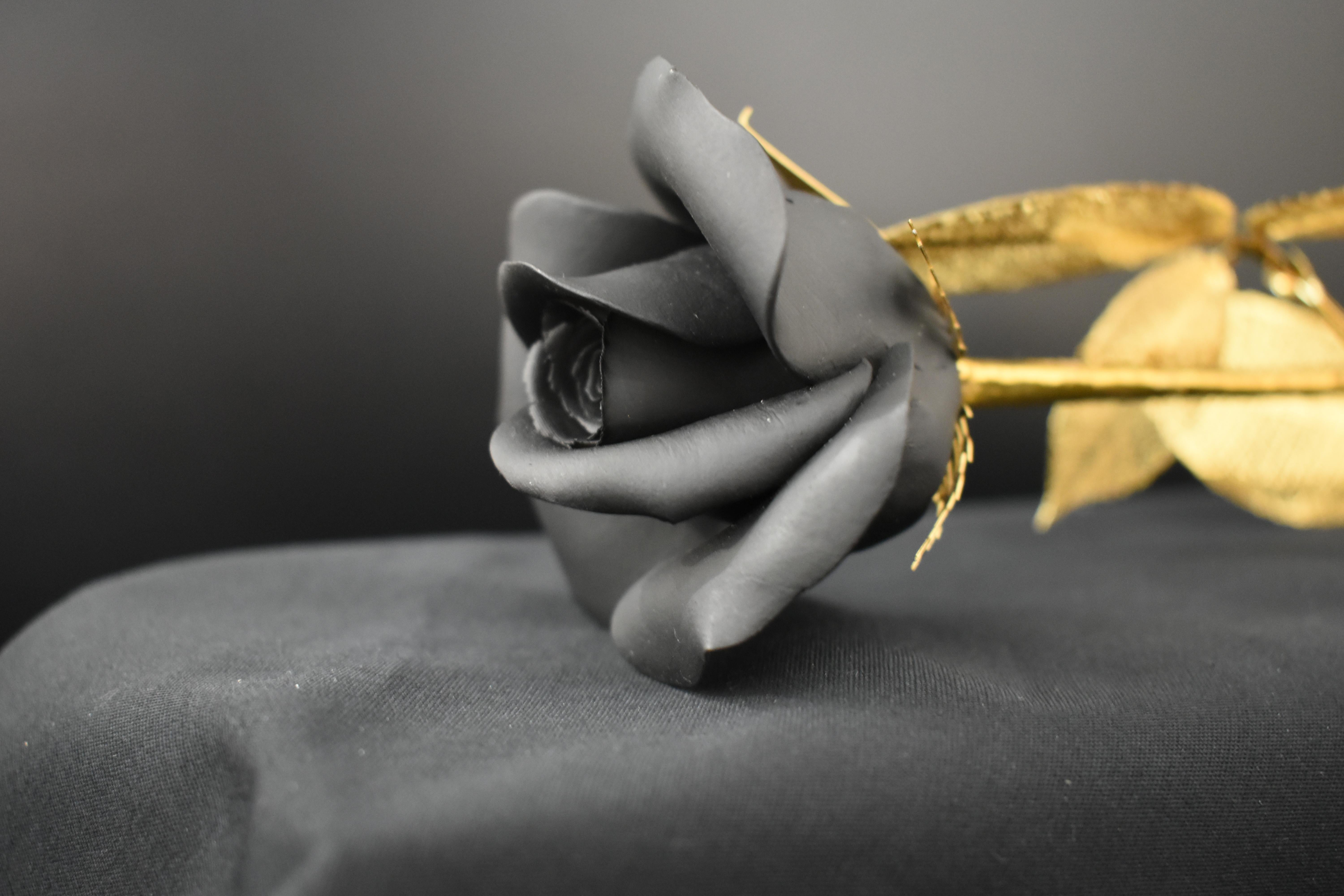 Rose Sculpture in Ceramic & Steel With A Delicate Gift Box, Black & Gold Color