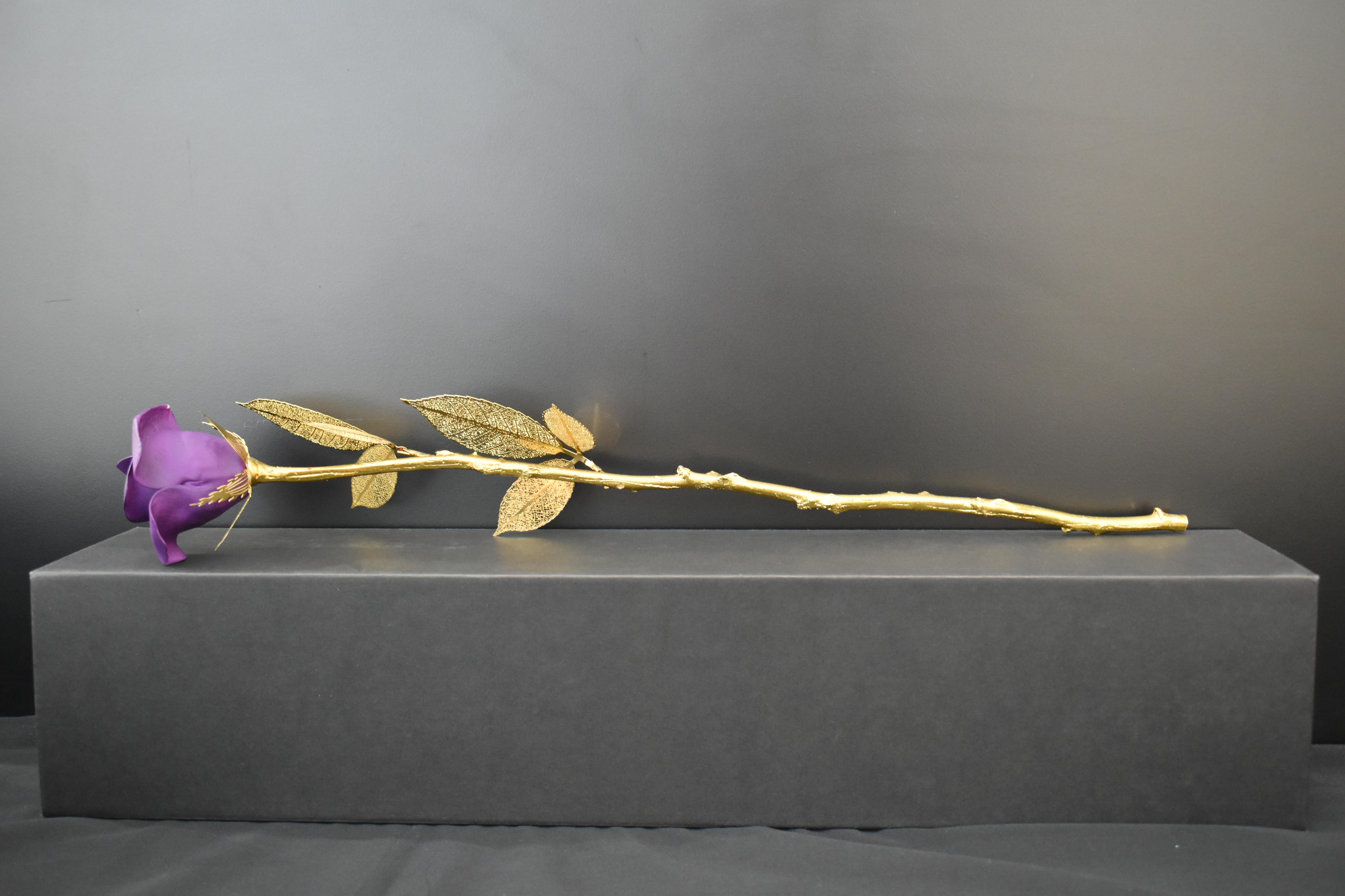 Rose Sculpture in Ceramic & Steel with A Delicate Gift Box, Purple & Gold Color - Pop Art Mixed Media Art by Huang Yulong