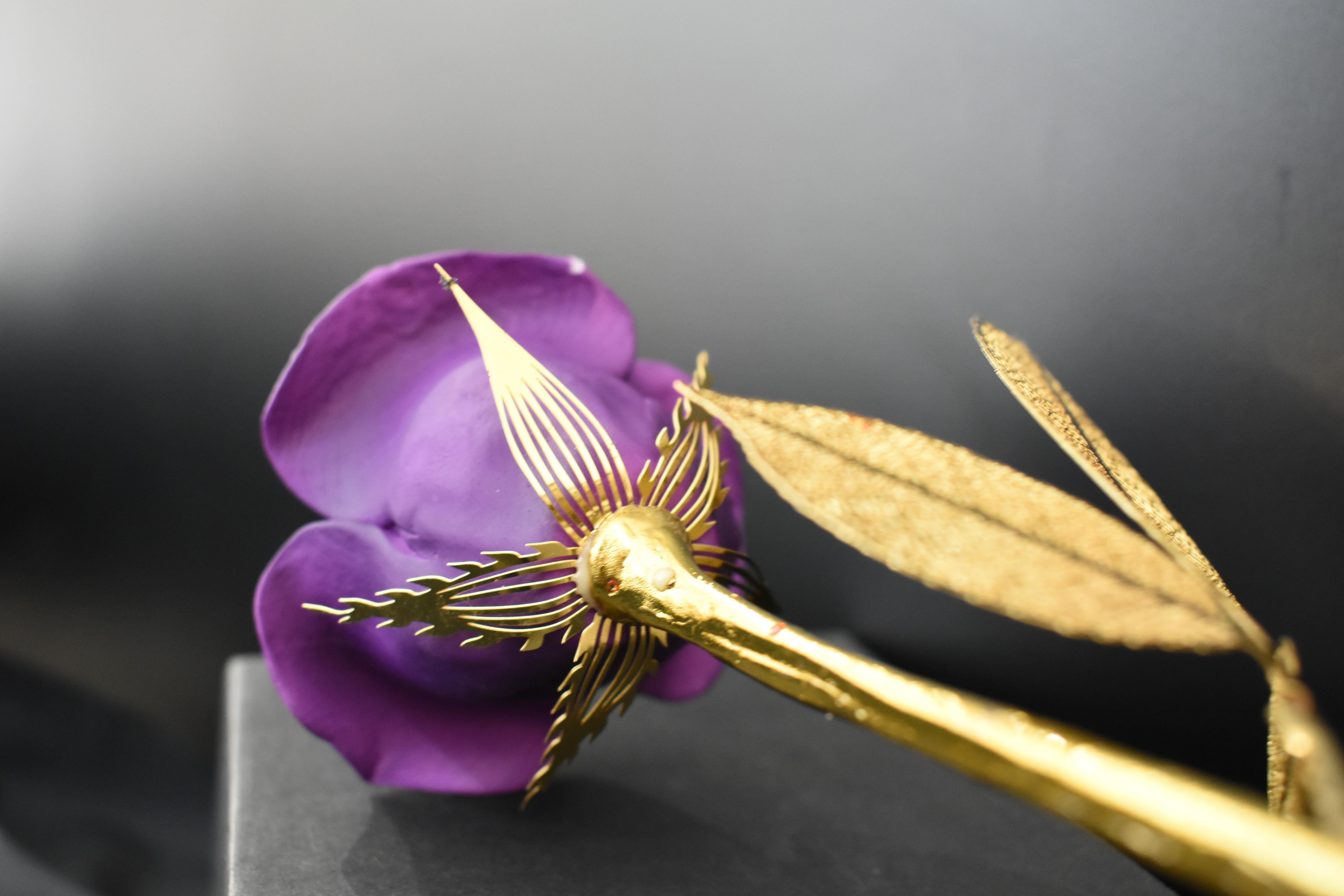 Rose Sculpture in Ceramic & Steel with A Delicate Gift Box, Purple & Gold Color 1