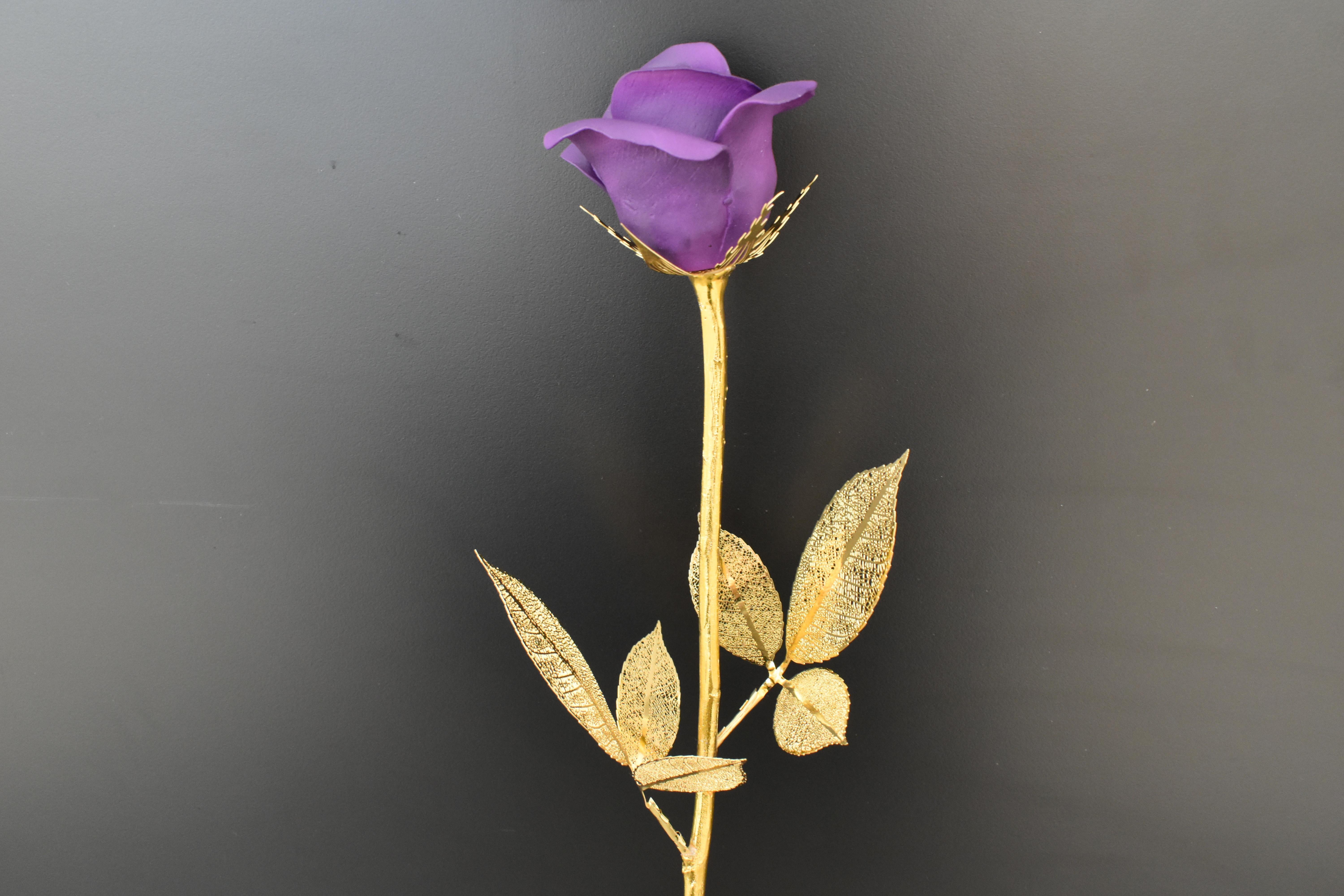 Rose Sculpture in Ceramic & Steel with A Delicate Gift Box, Purple & Gold Color 2