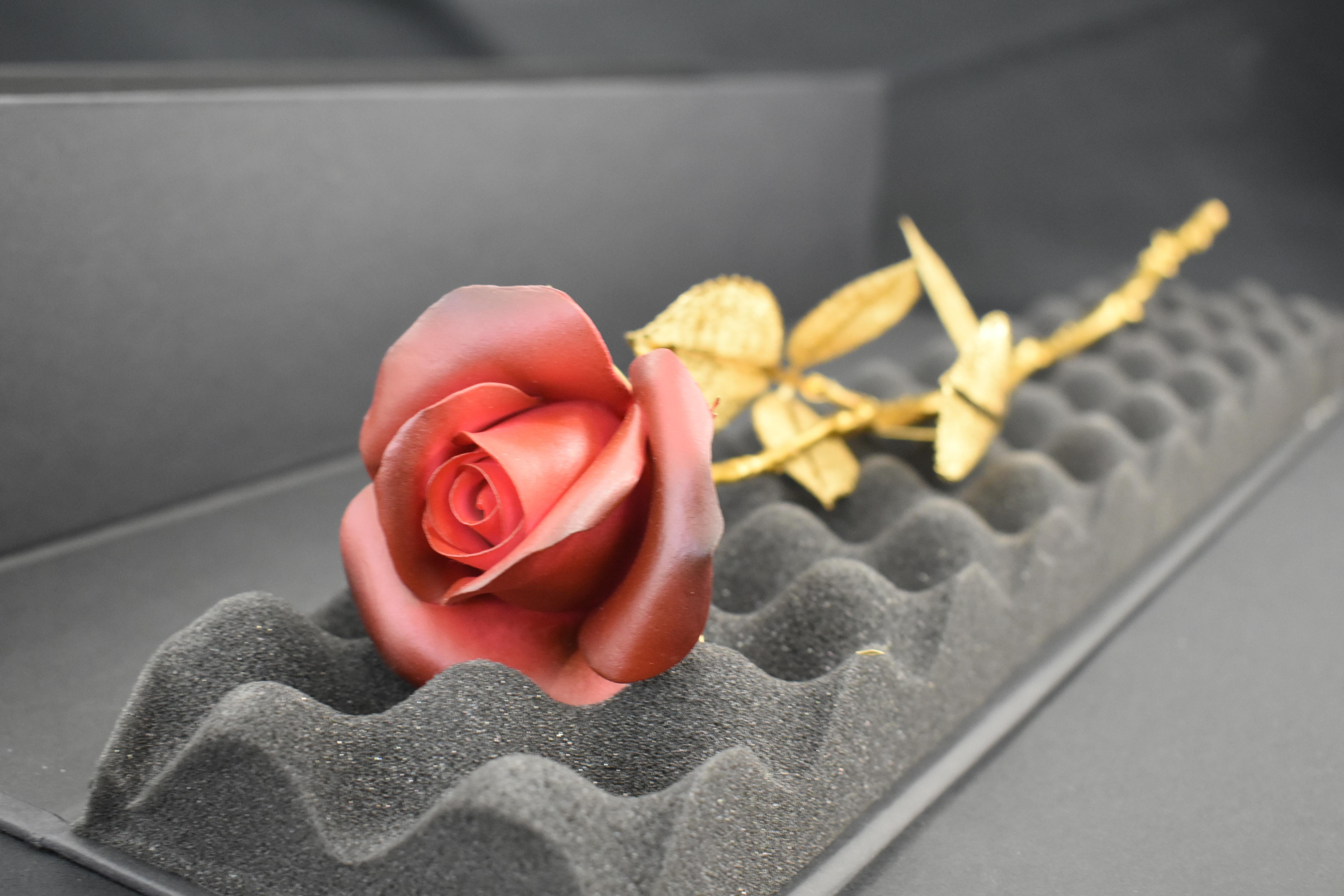 Scultura di rose in ceramica e acciaio con una delicata confezione regalo, colore rosso e oro - Sculpture di Huang Yulong
