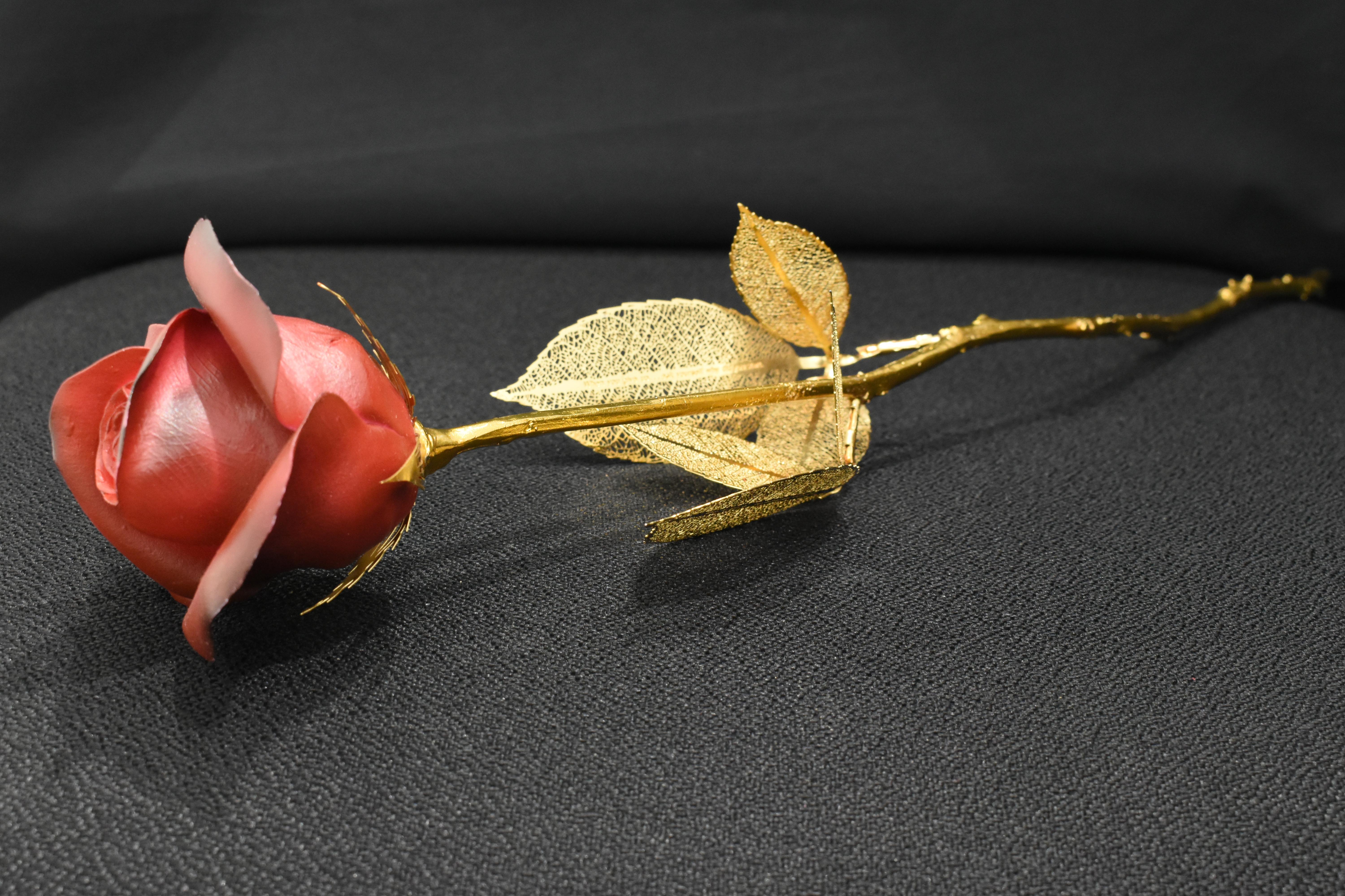 Scultura di rose in ceramica e acciaio con una delicata confezione regalo, colore rosso e oro - Sculpture Pop Art di Huang Yulong