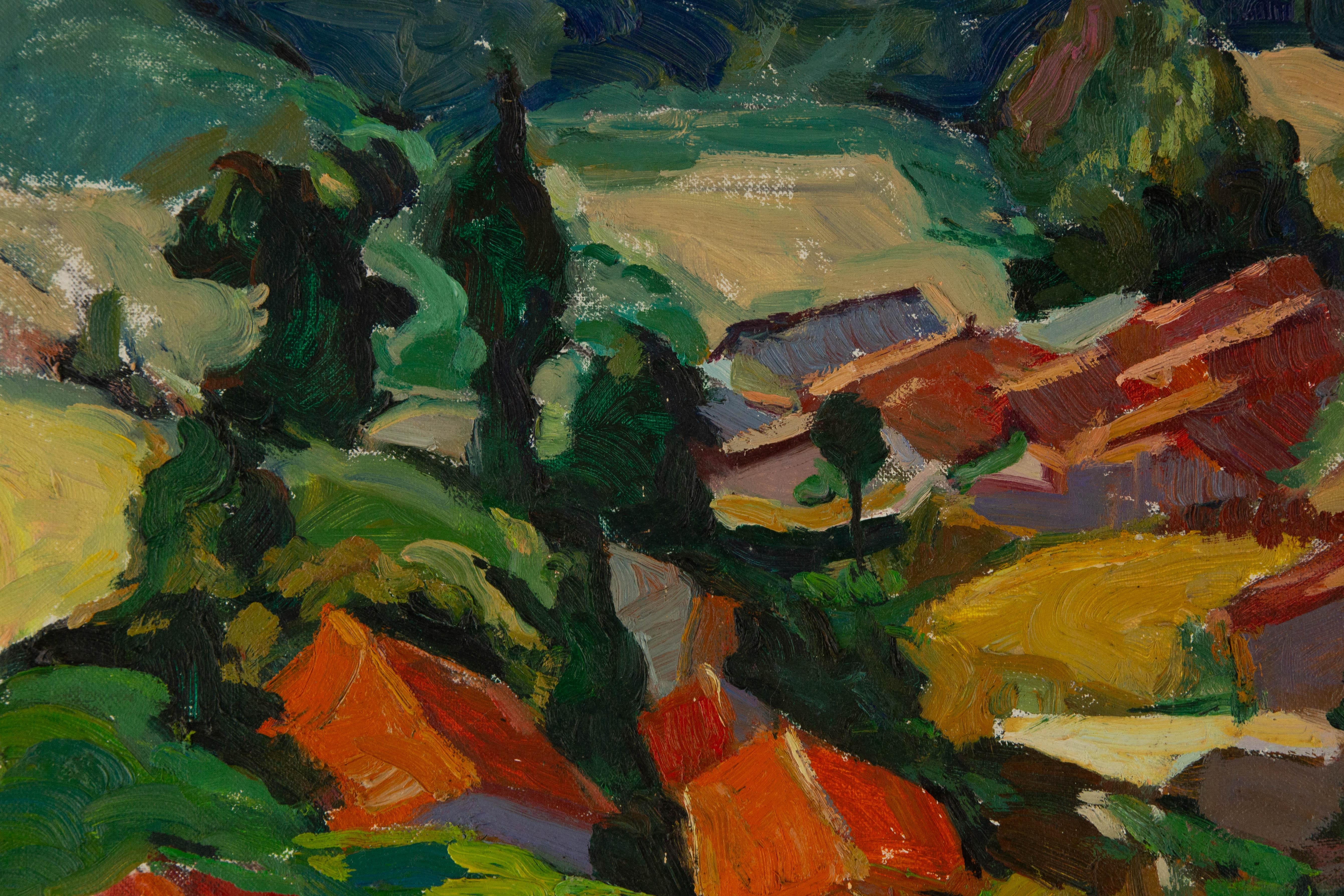 Huaxin Liu, peinture à l'huile originale abstraite « Maisons à sabot rouge » en vente 1