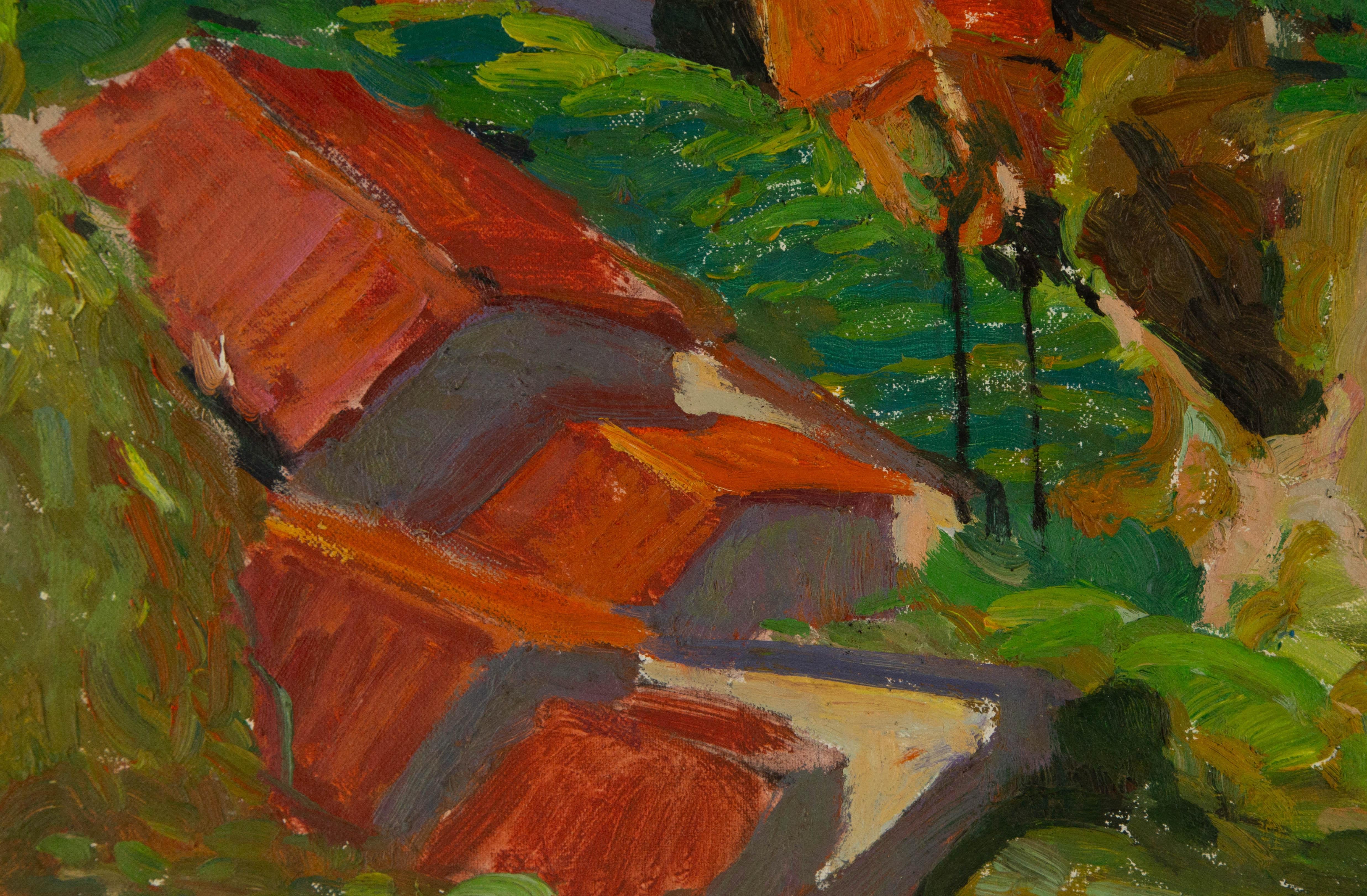 Huaxin Liu, peinture à l'huile originale abstraite « Maisons à sabot rouge » en vente 2