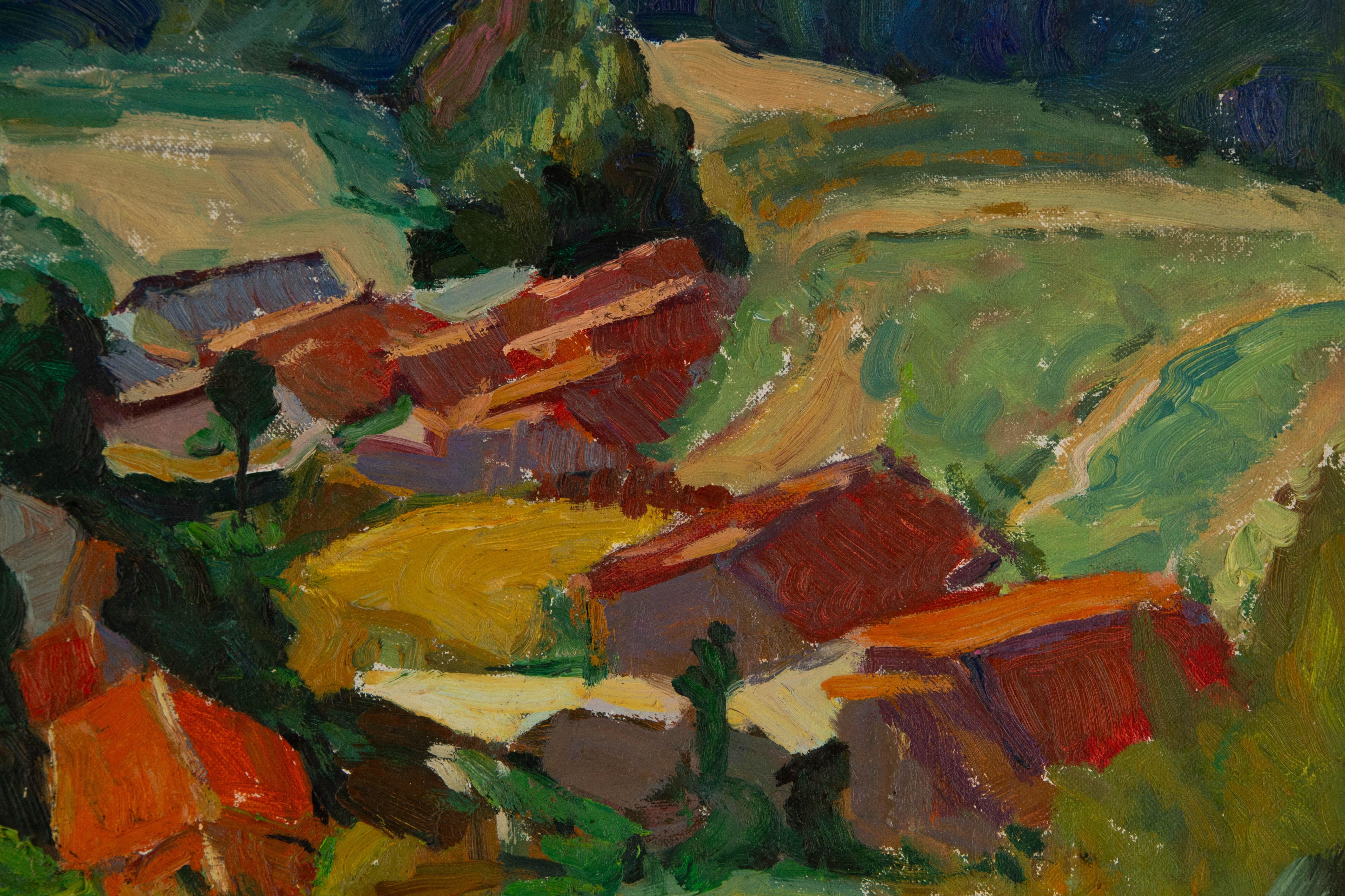 Huaxin Liu, peinture à l'huile originale abstraite « Maisons à sabot rouge » en vente 3