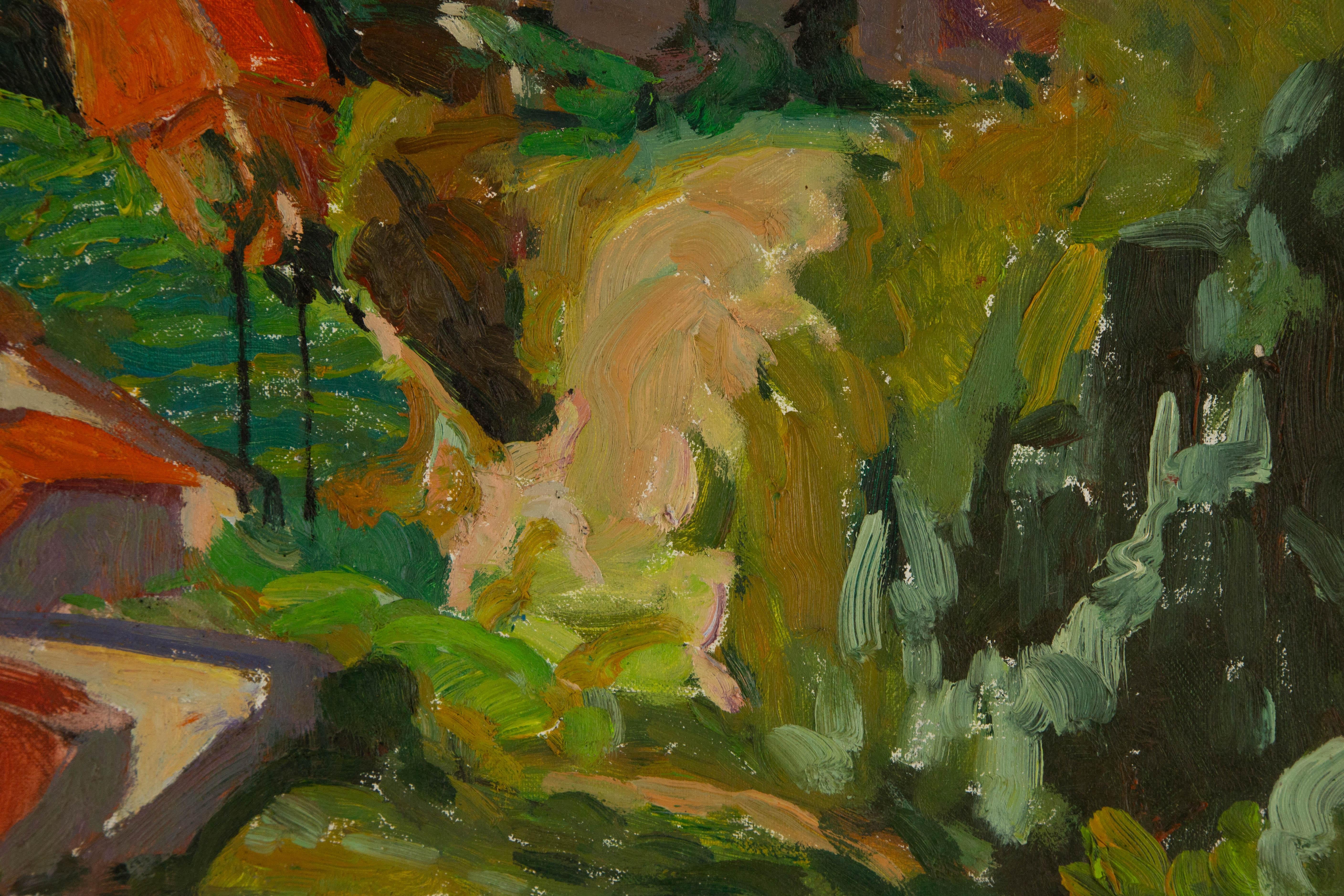 Huaxin Liu, peinture à l'huile originale abstraite « Maisons à sabot rouge » en vente 4