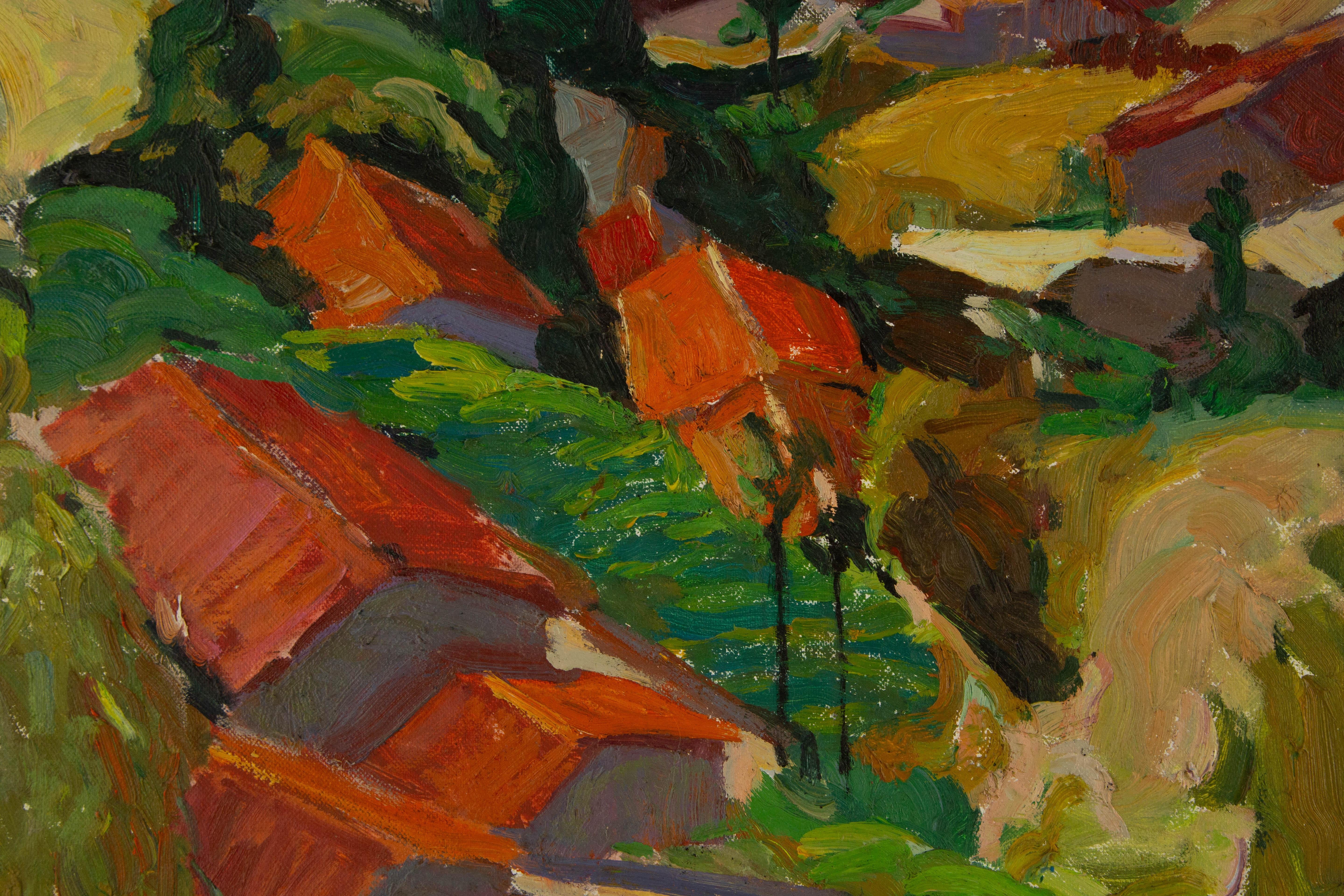Huaxin Liu, peinture à l'huile originale abstraite « Maisons à sabot rouge » en vente 5